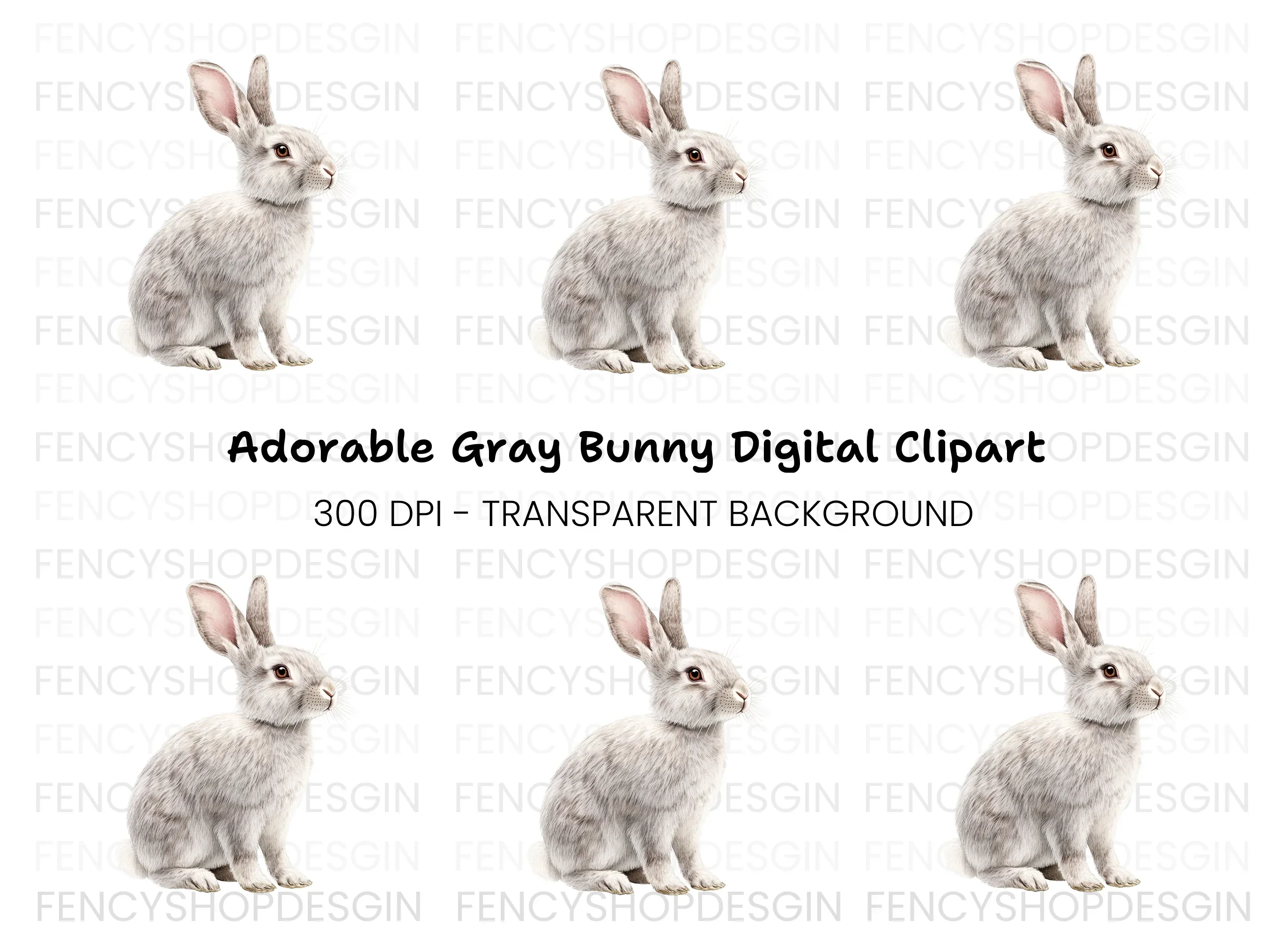 Adorable Grey Rabbit Clipart Bundle
