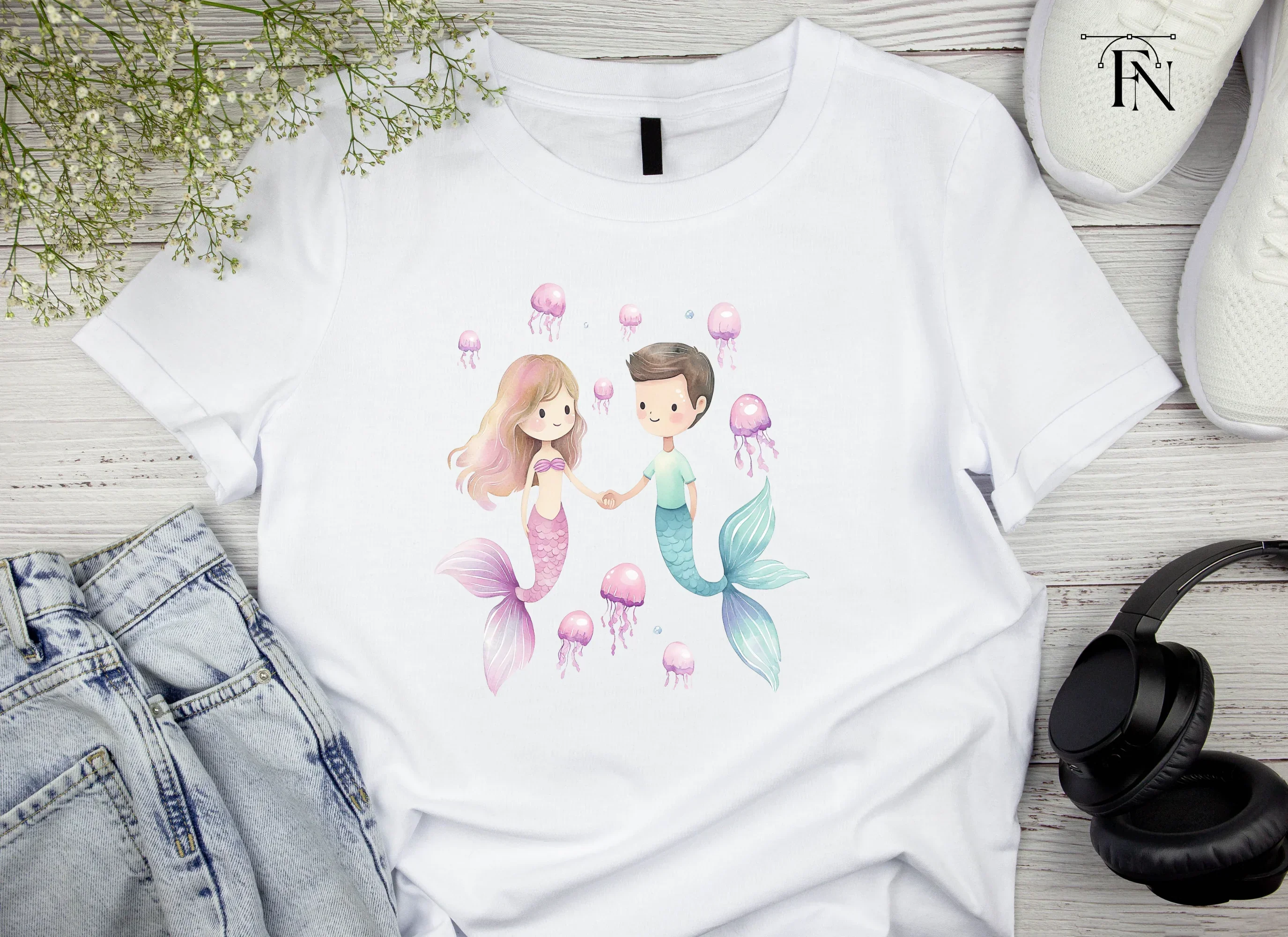 Adorable Mermaid Couple with Jellyfish Clipart Bundle - Image 4
