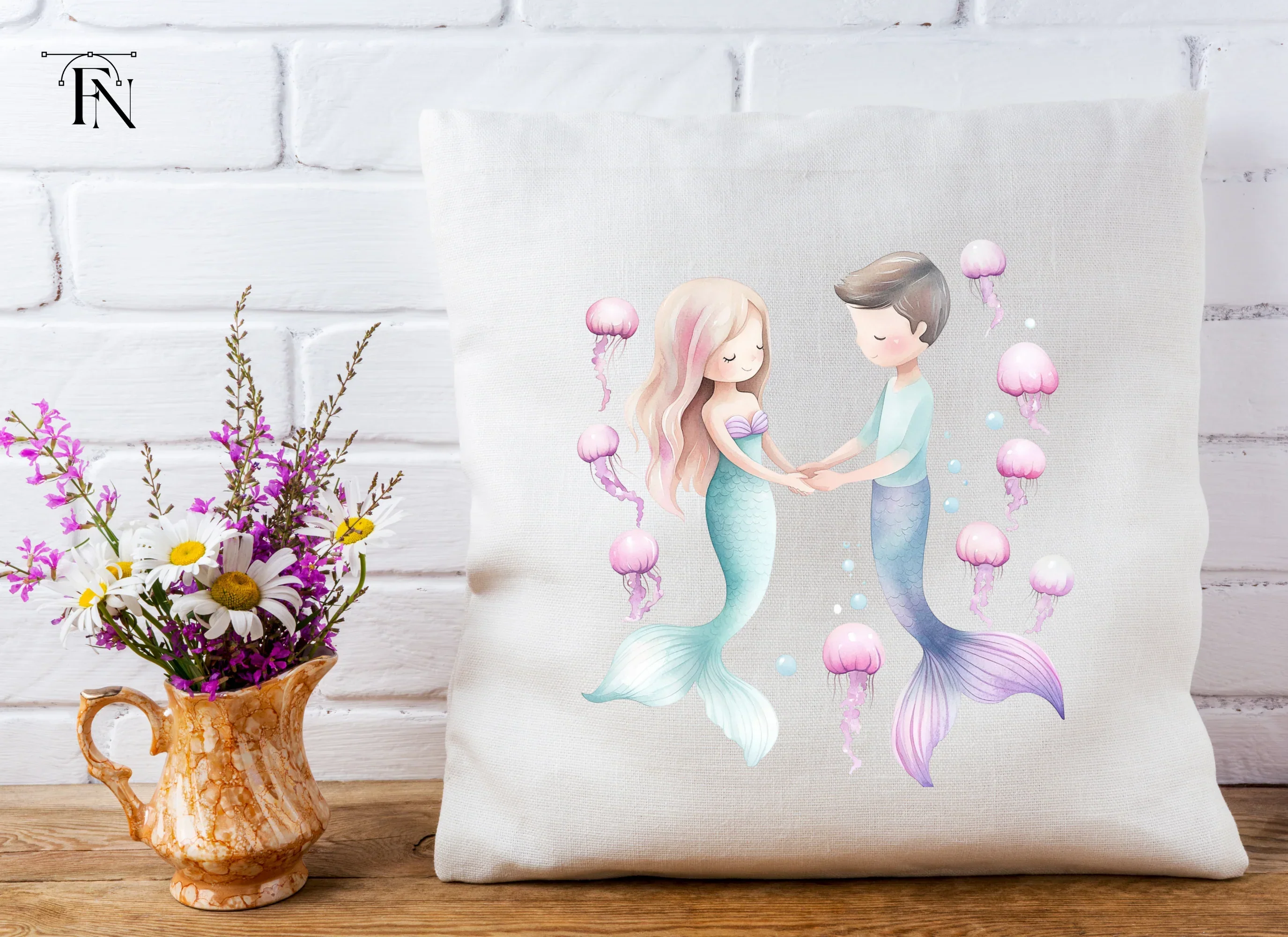 Adorable Mermaid Couple with Jellyfish Clipart Bundle - Image 5