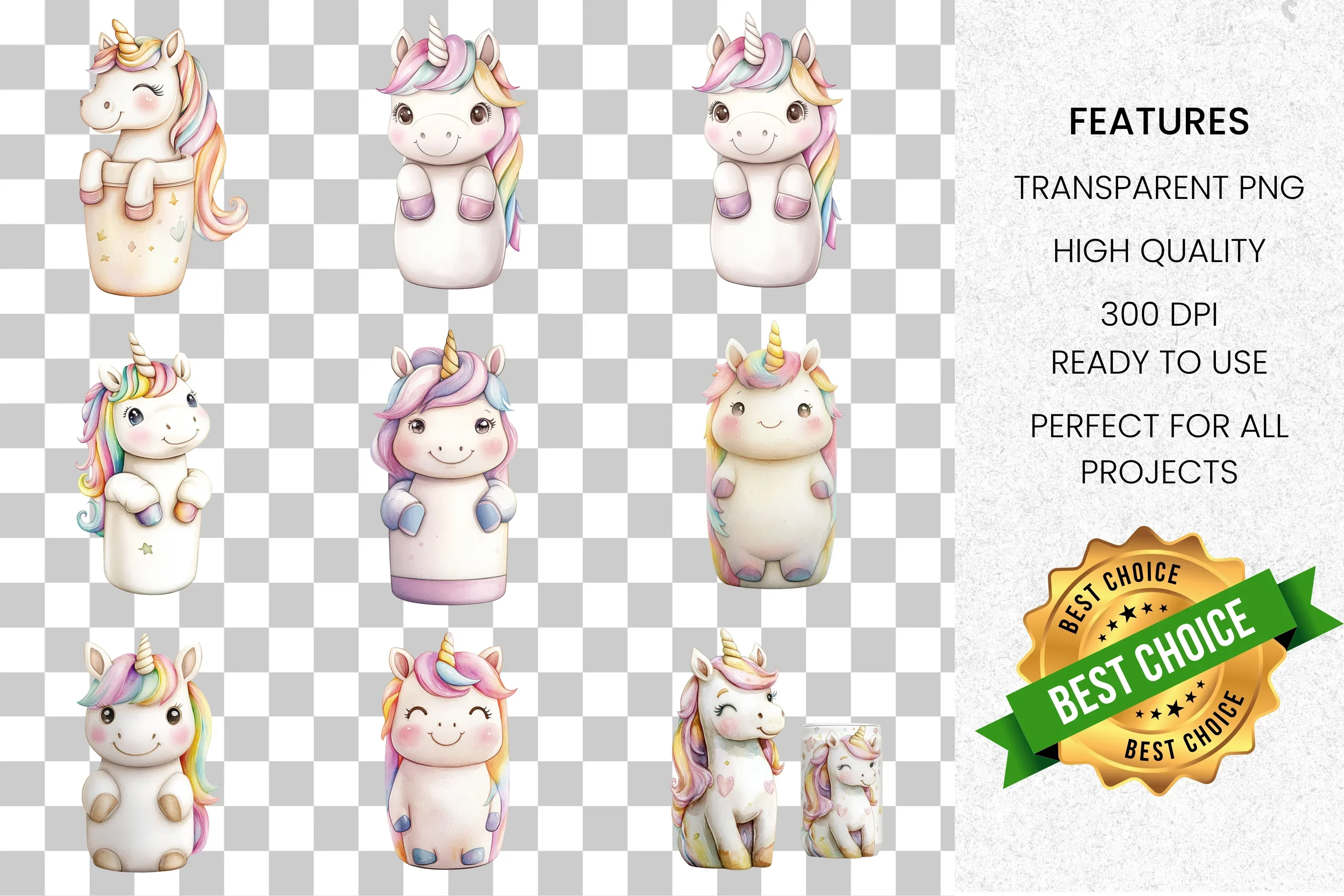 Adorable Rainbow Unicorns Clipart Bundle - Image 8