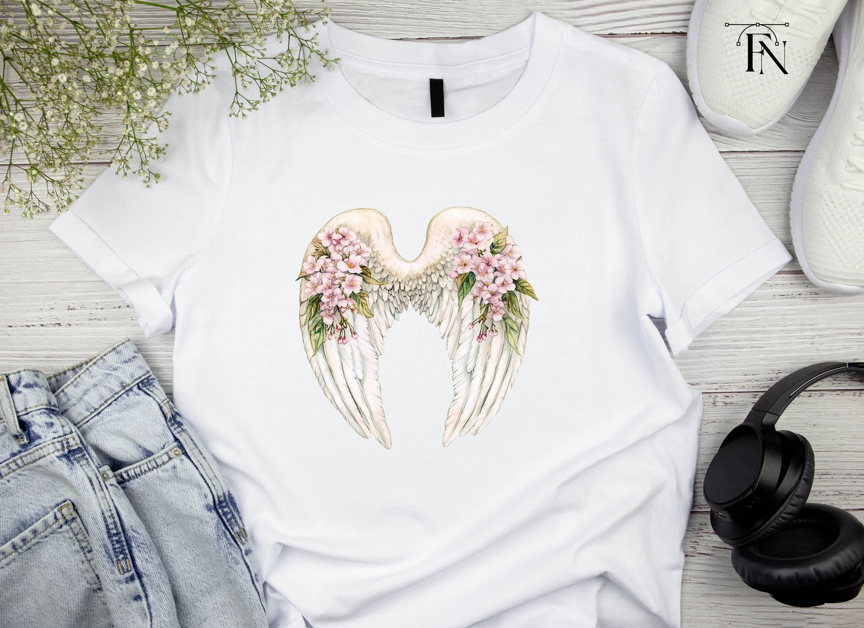 Angel Wings with Pink Flowers Clipart Bundle - Image 3