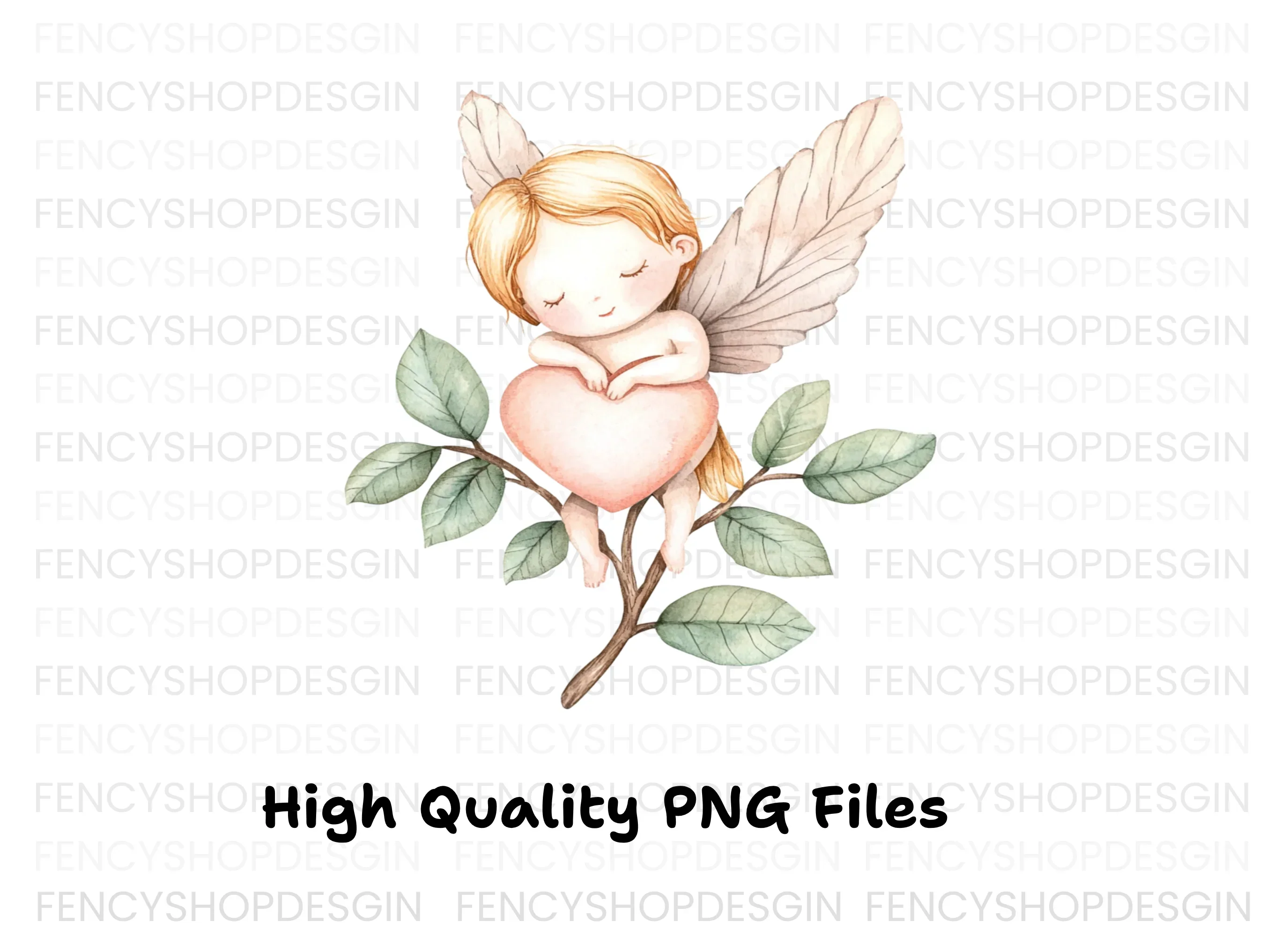 Baby Angels on Branches with Hearts Clipart Bundle - Image 3