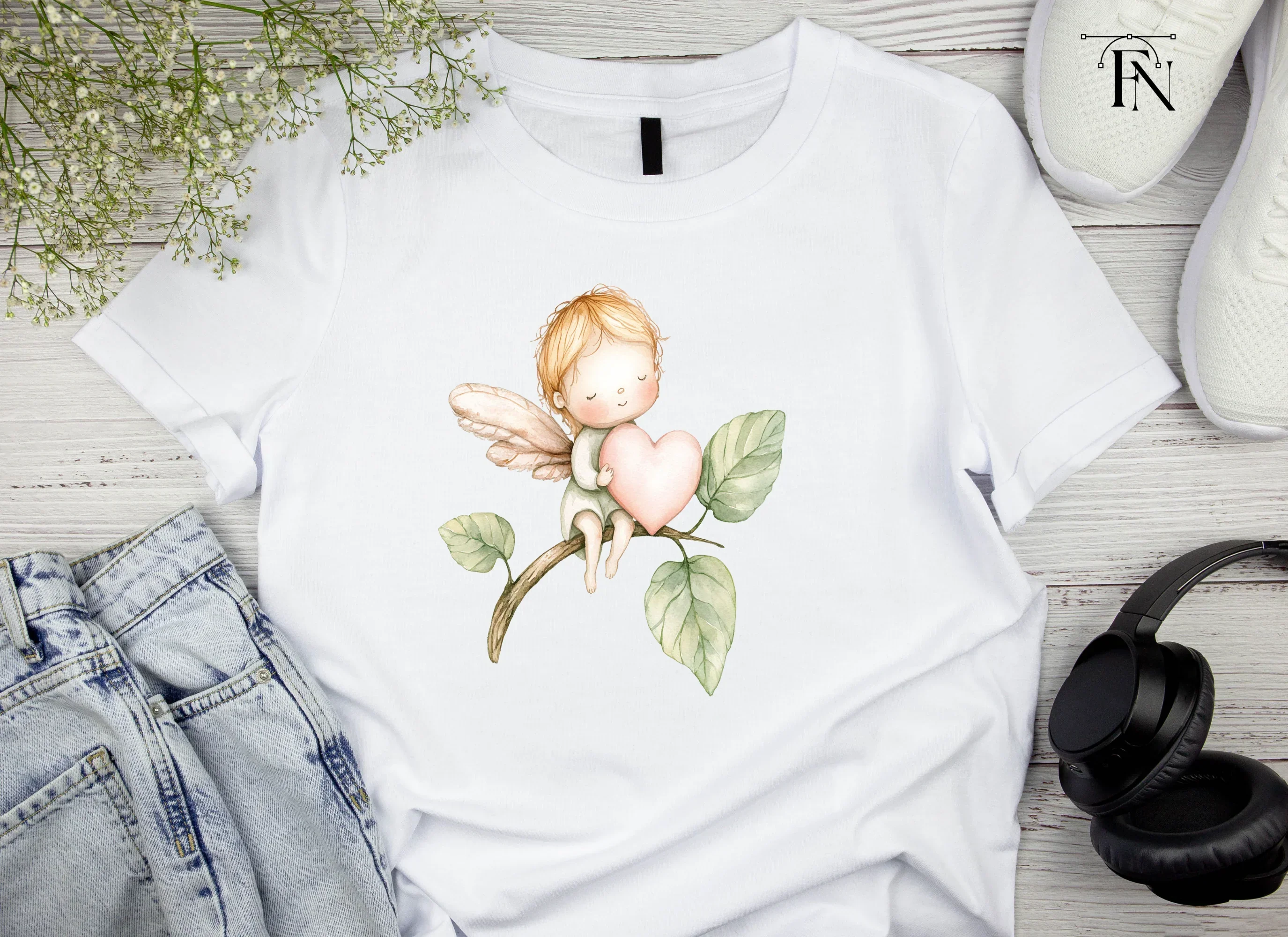 Baby Angels on Branches with Hearts Clipart Bundle - Image 4