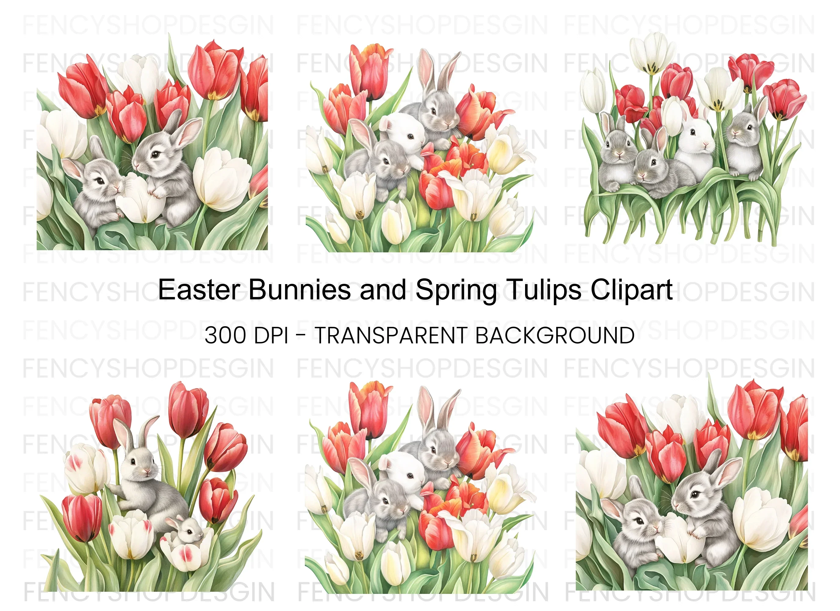 Baby Bunnies in Tulip Garden Clipart Bundle