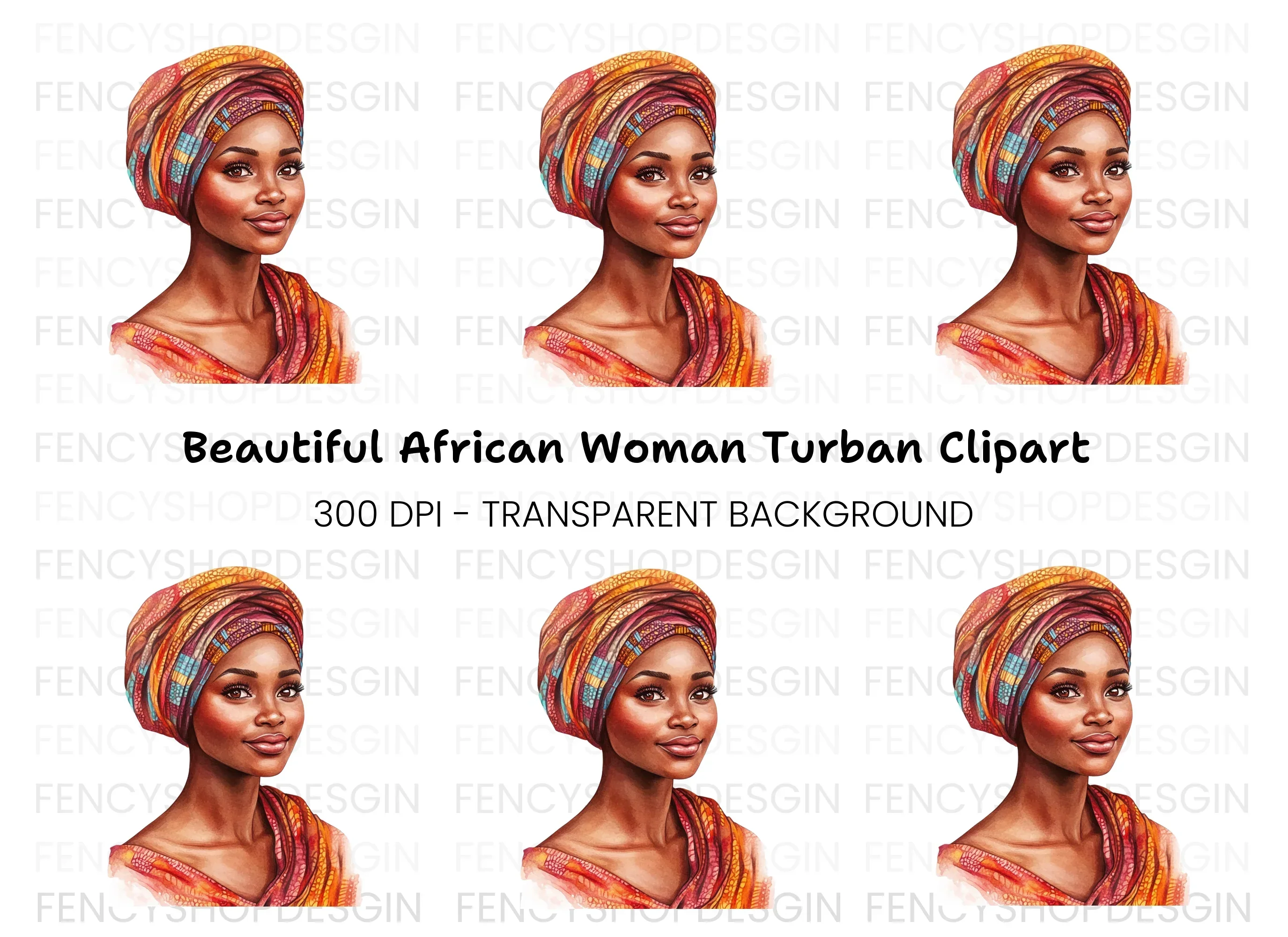 Beautiful African Woman Turban Clipart Bundle