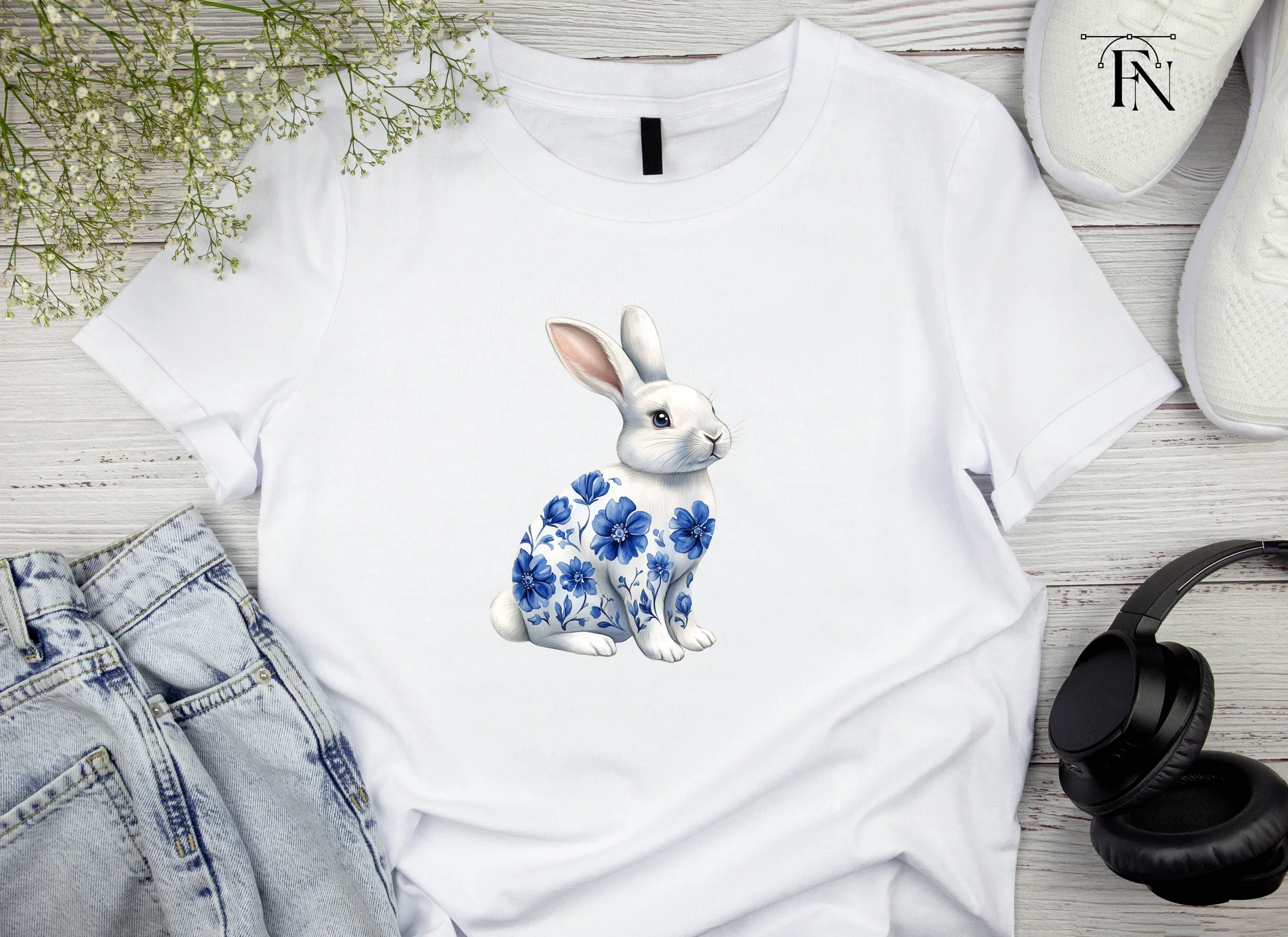Blue and White Floral Bunny Clipart Bundle - Image 6