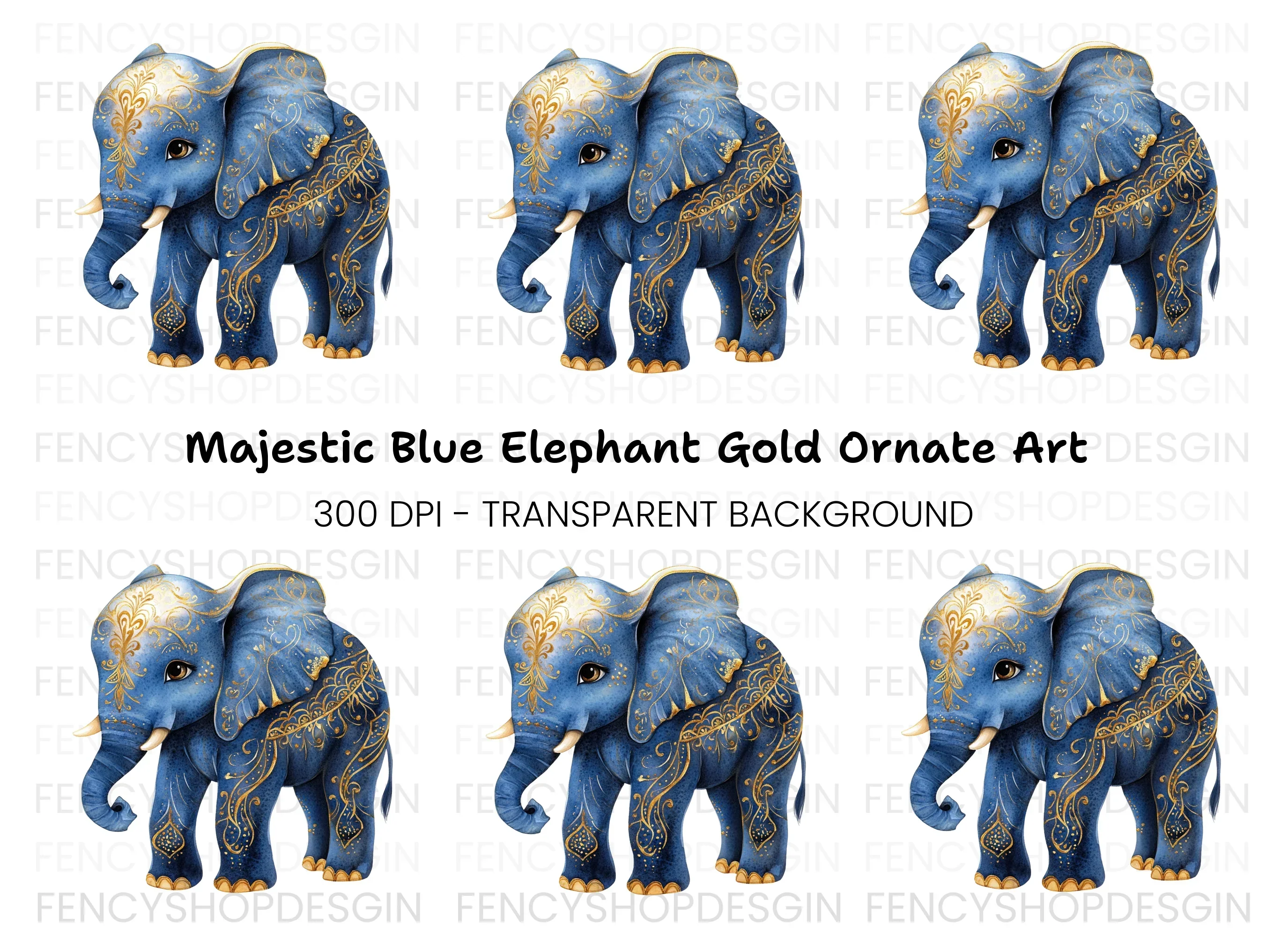 Blue Elephant with Golden Ornaments Clipart Bundle