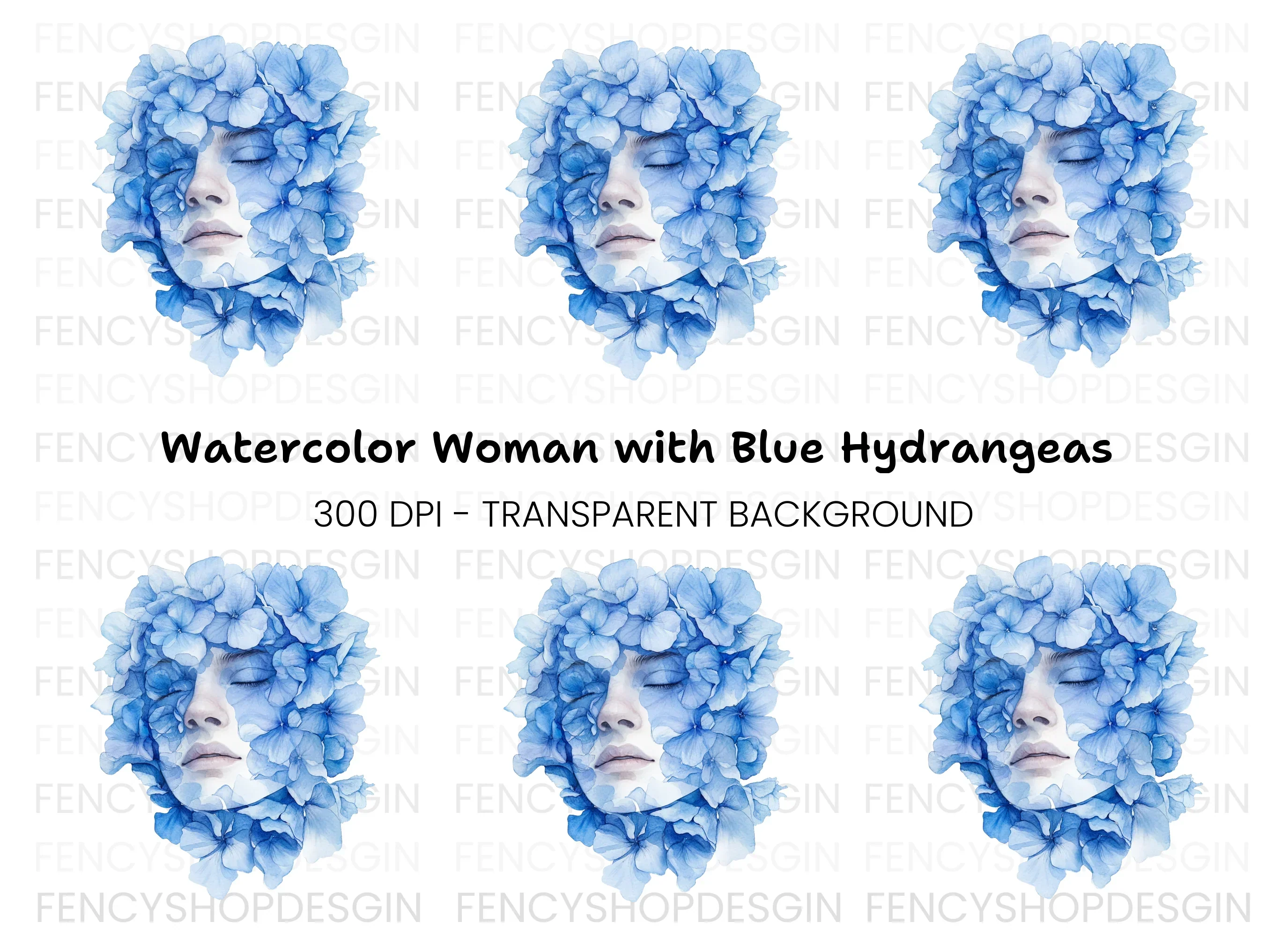 Blue Hydrangea Woman Face Clipart Bundle