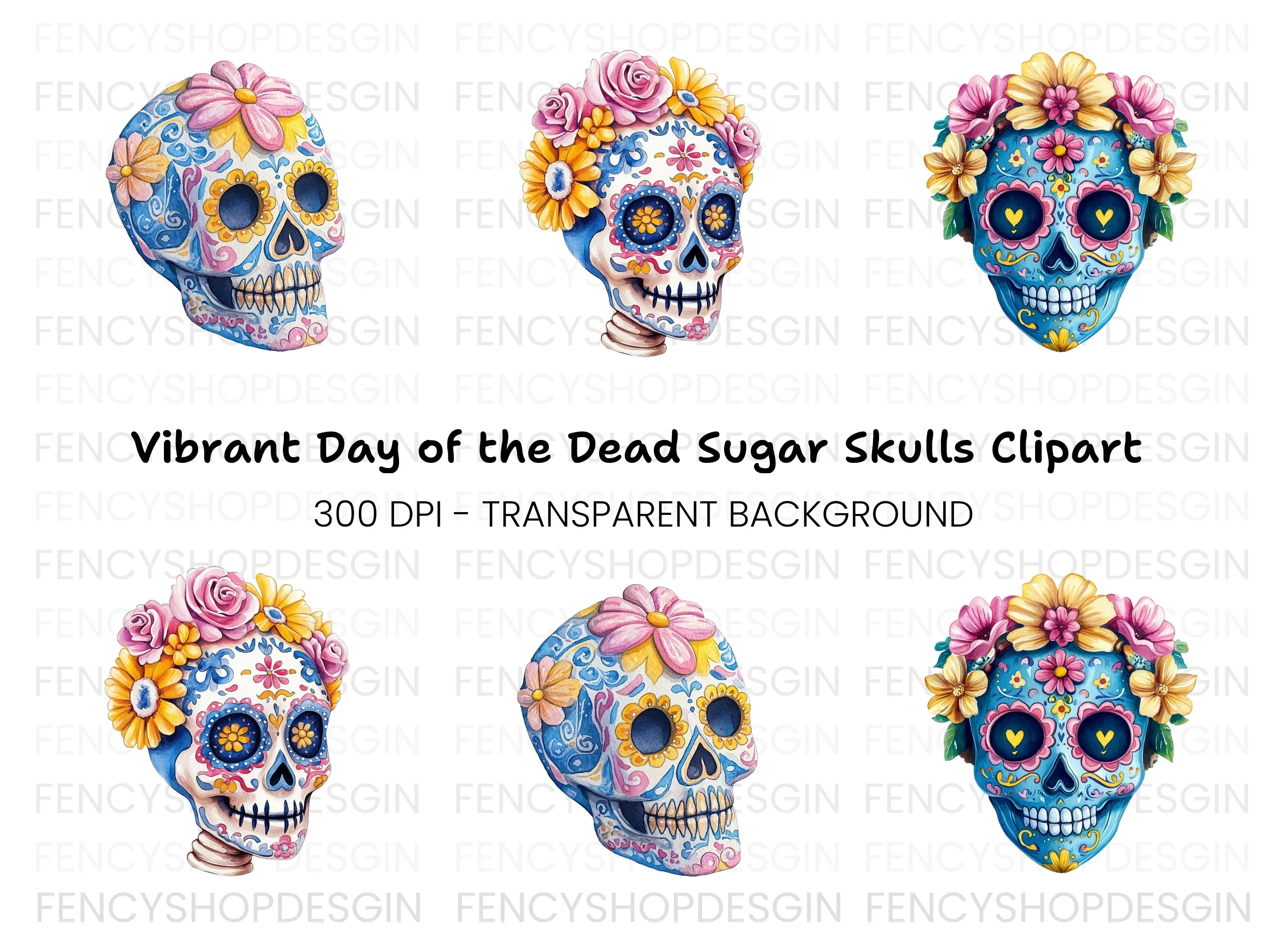 Blue Sugar Skulls with Flowers Clipart Bundle