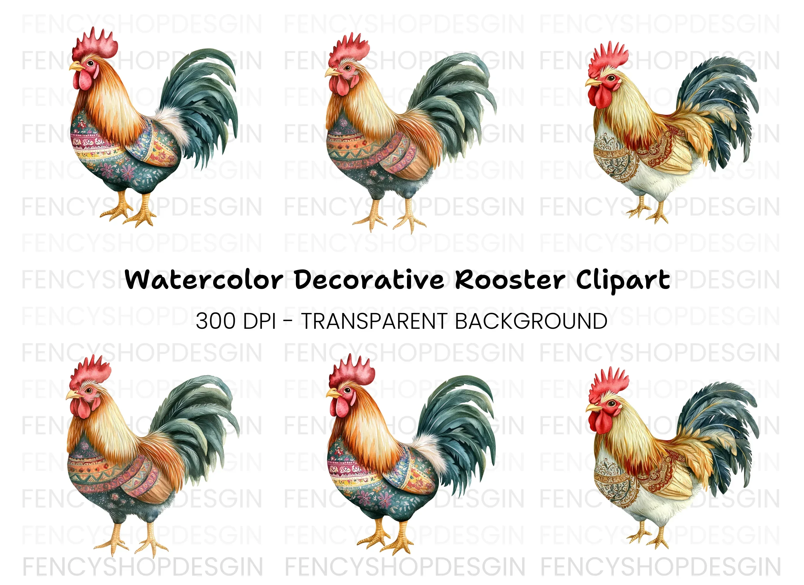 Boho Chic Rooster Clipart Bundle