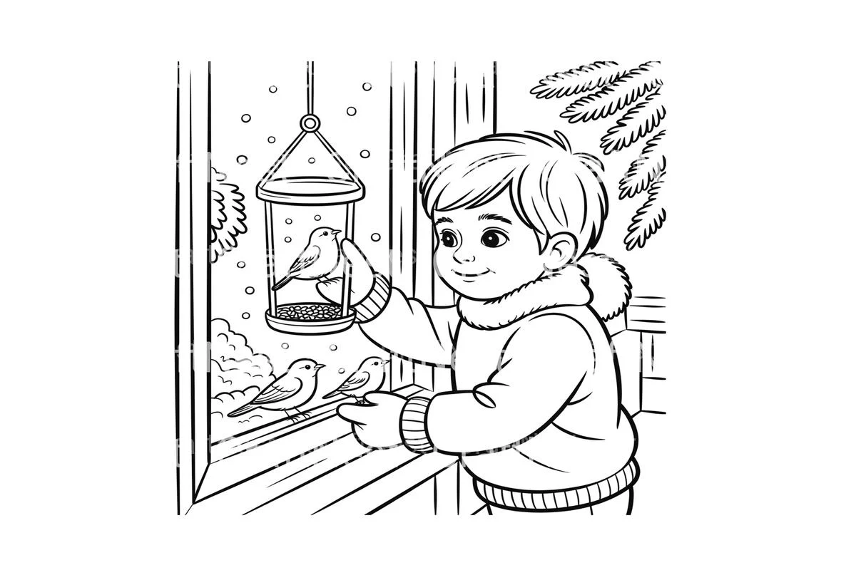 Boy Feeding Birds in Winter Coloring Books - Image 2