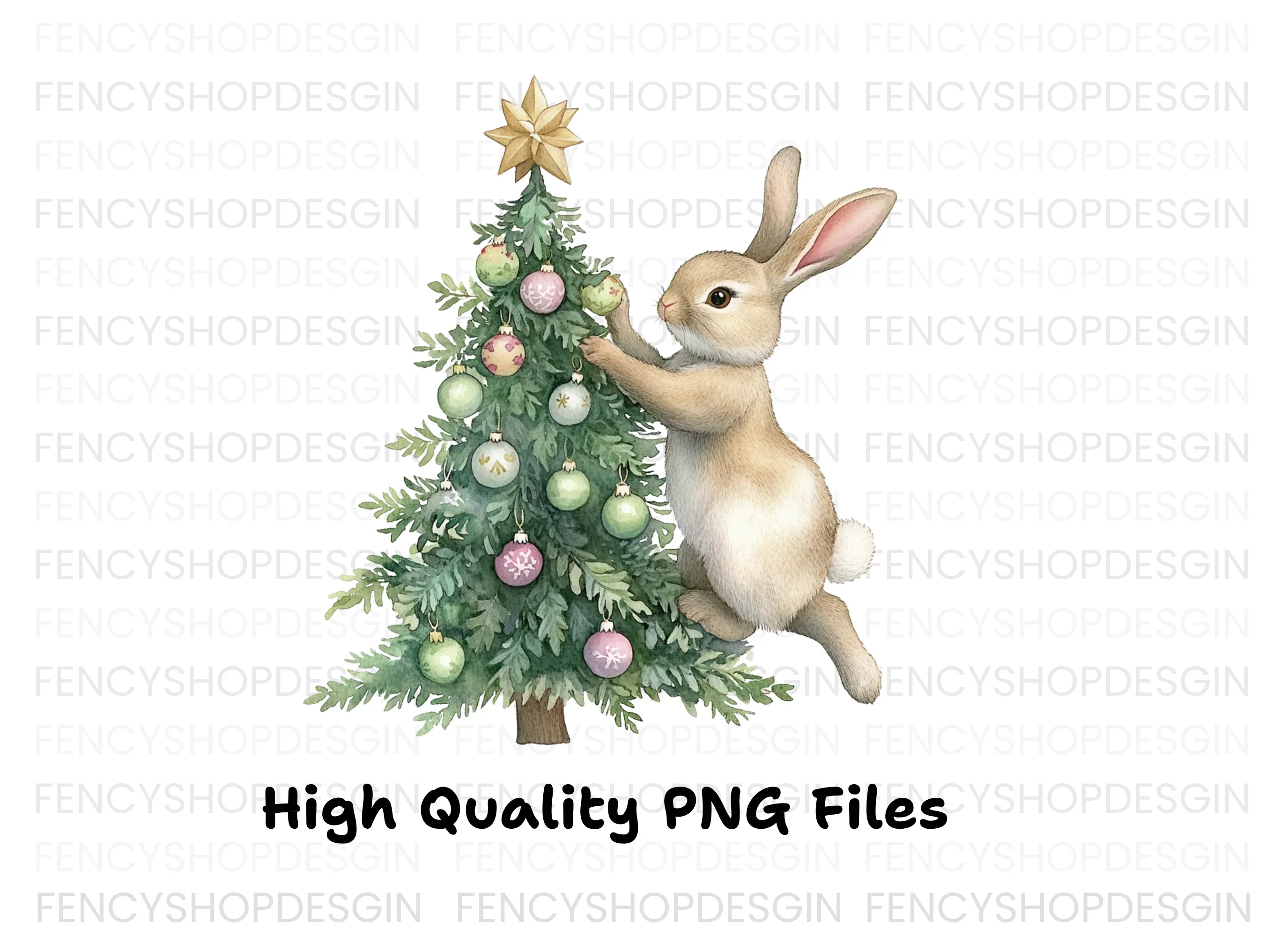 Brown Bunnies Decorating Christmas Tree Clipart Bundle - Image 2