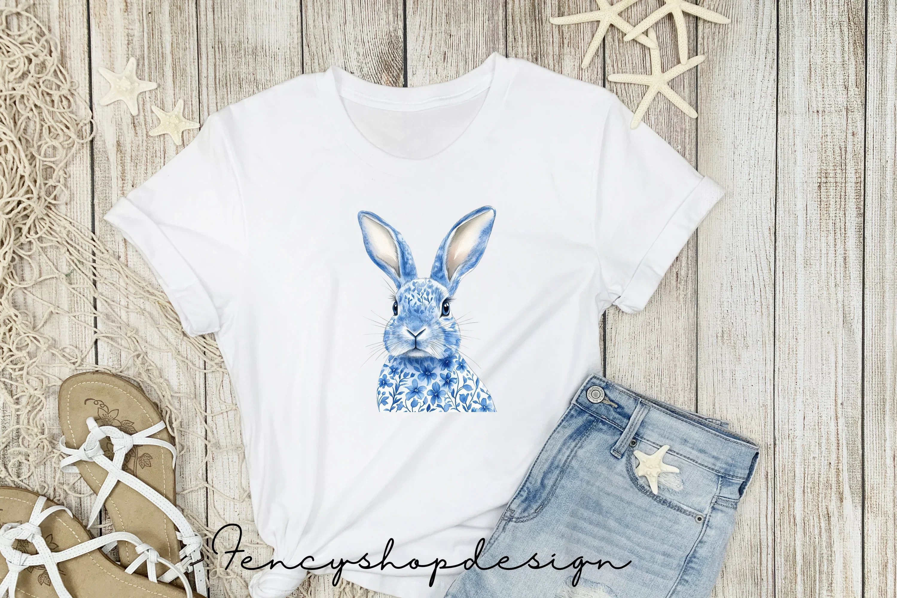 Chinoiserie Blue White Bunny Clipart Bundle - Image 3