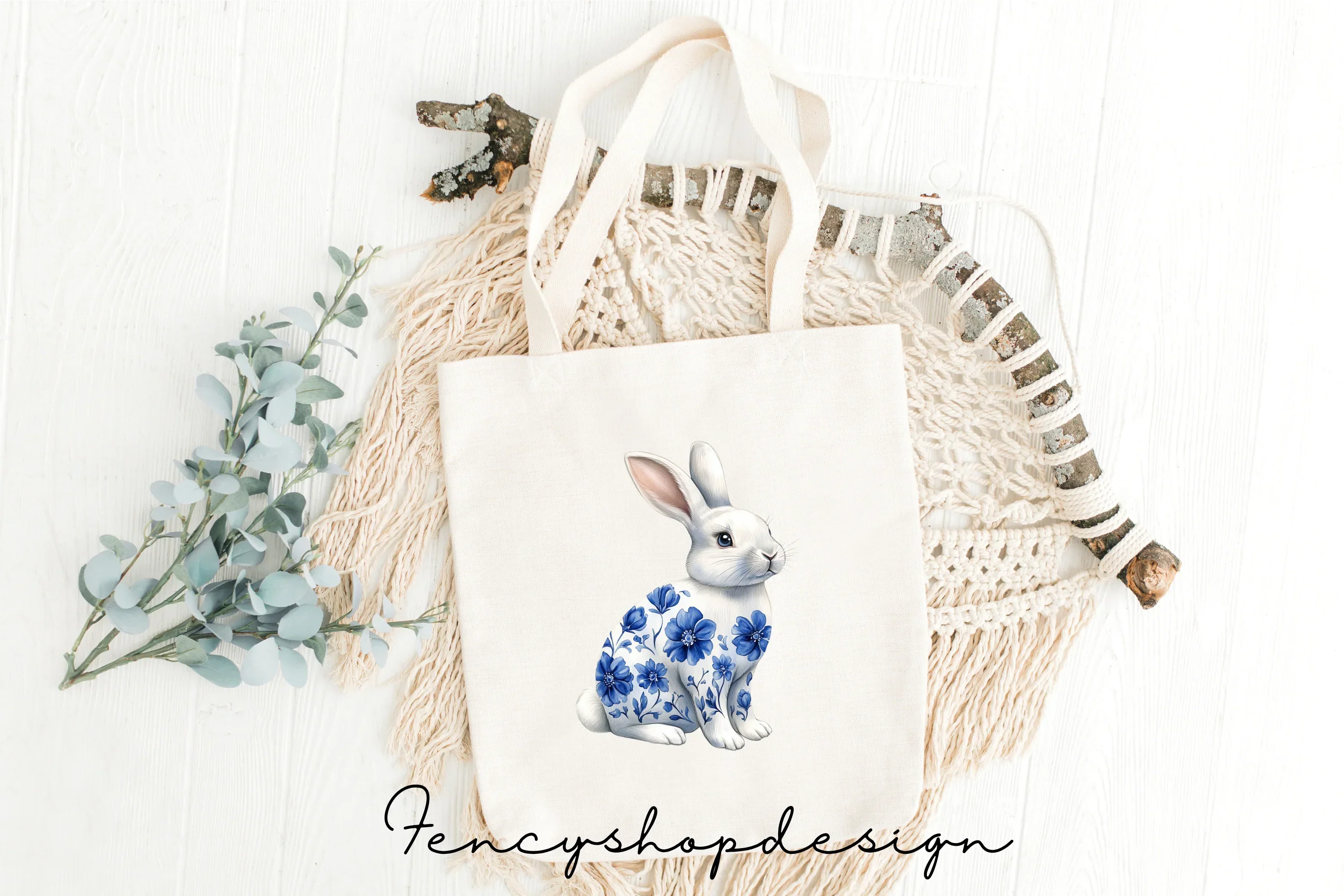 Chinoiserie Blue White Bunny Clipart Bundle - Image 4