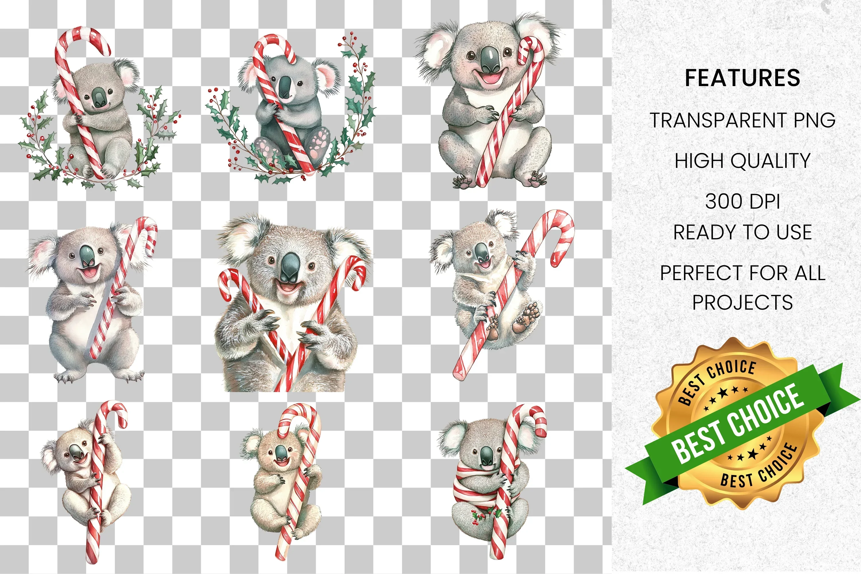 Christmas Koalas with Candy Canes Clipart Bundle - Image 2