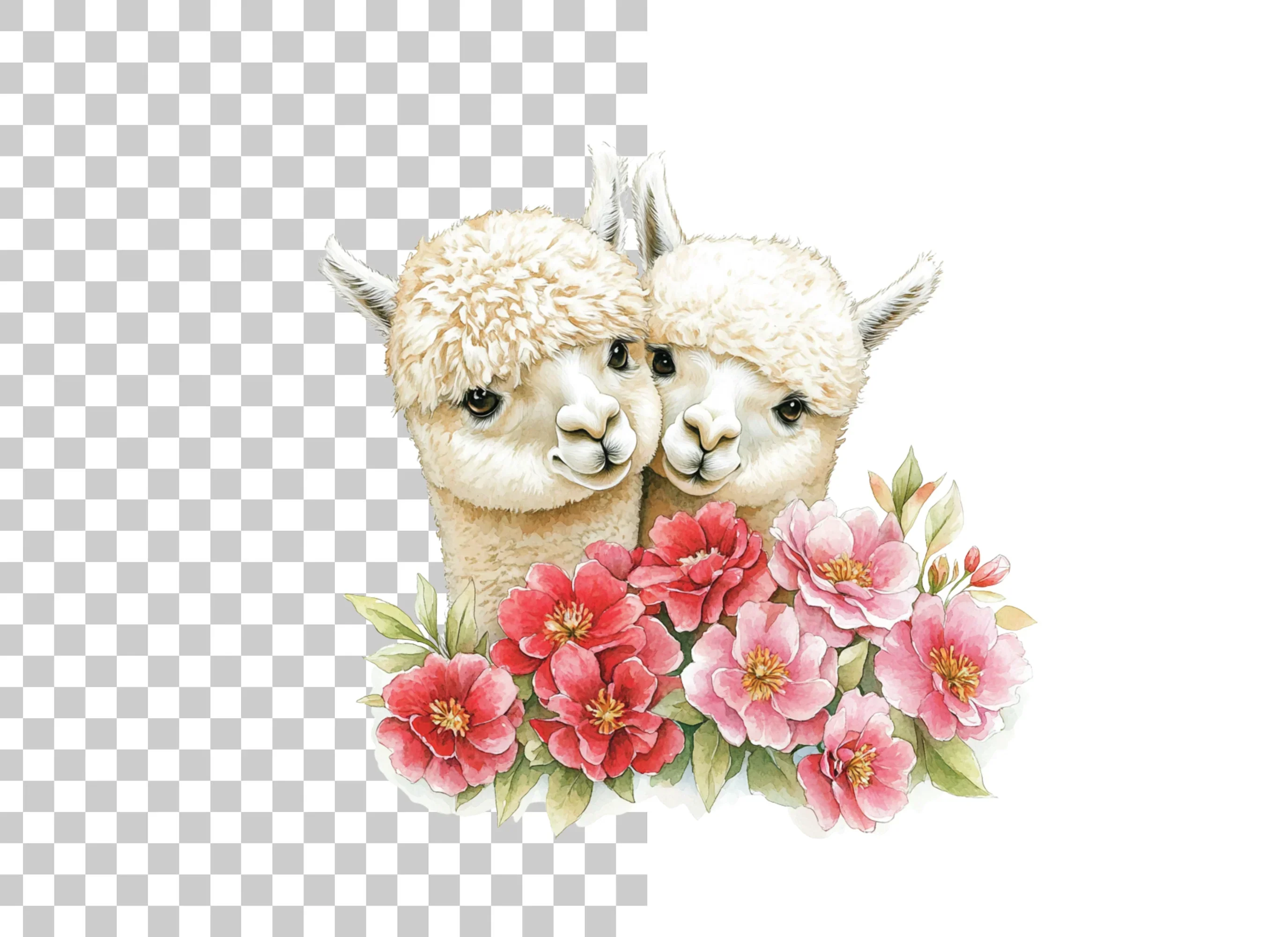 Cute Alpaca Couple with Pink Flowers Clipart Bundle - Image 2