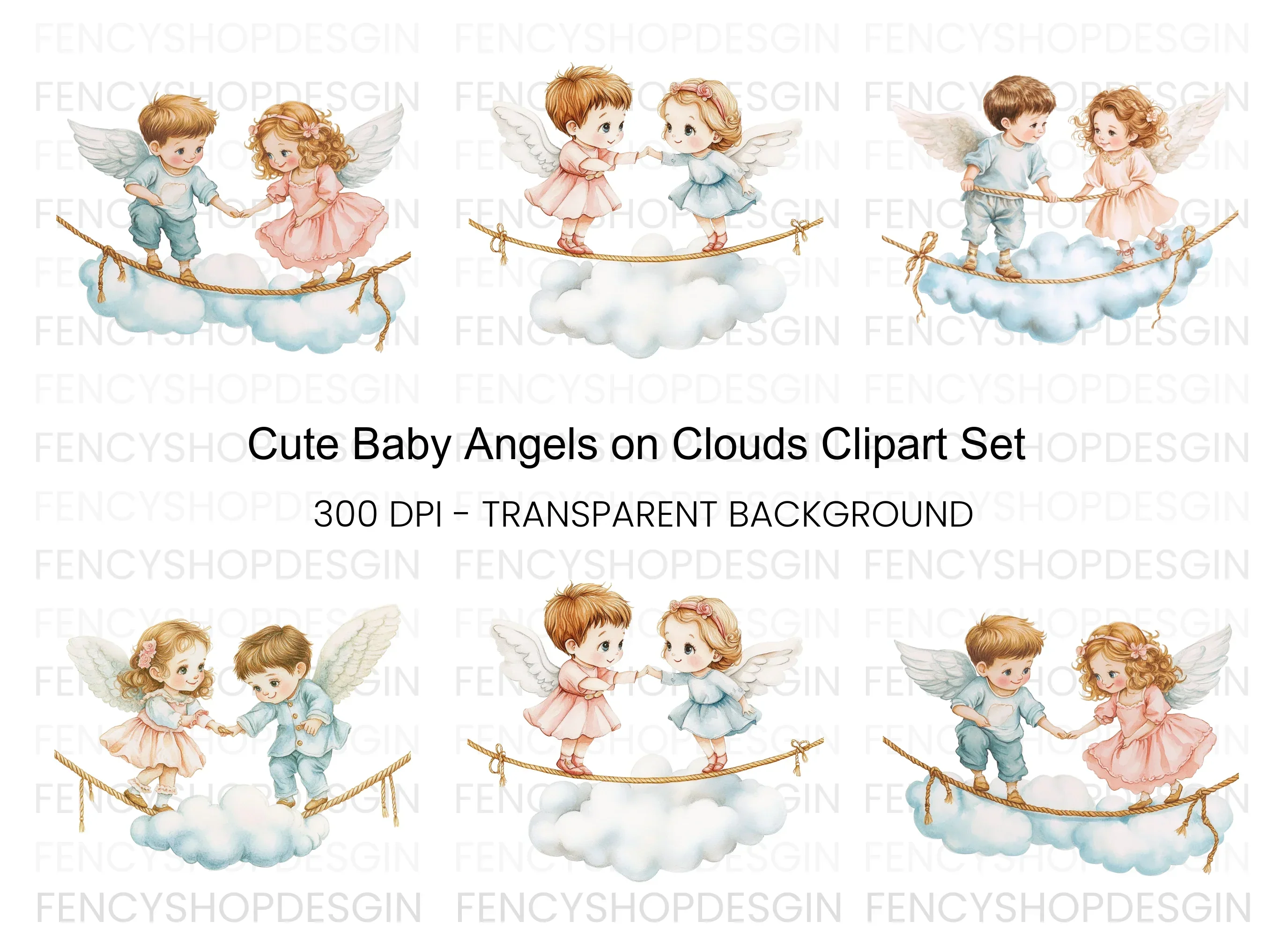 Cute Angel Couples on Cloud Clipart Bundle