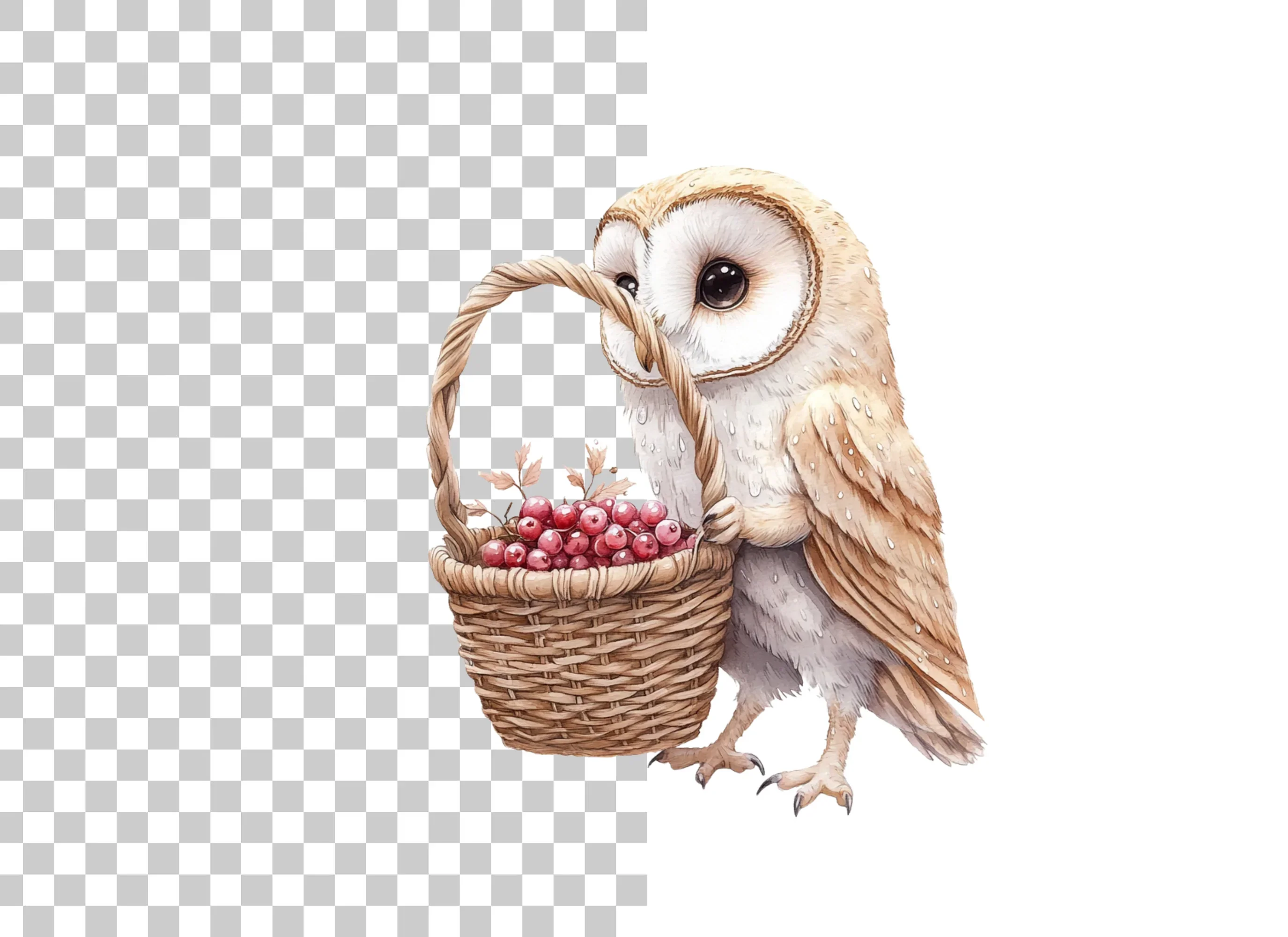 Cute Barn Owl with Berry Basket Clipart Bundle - Image 2