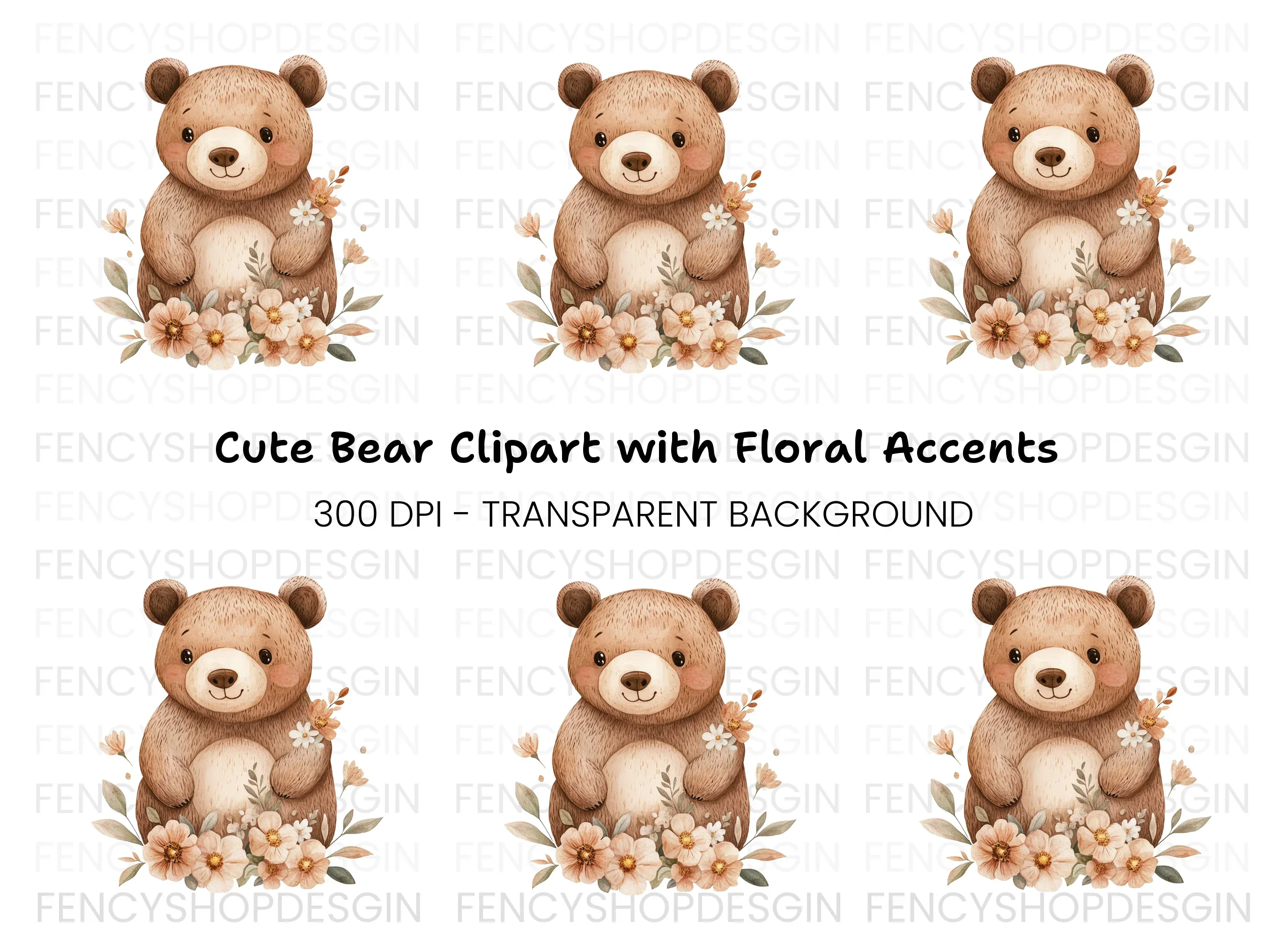 Cute Bear with Flowers Clipart Bundle