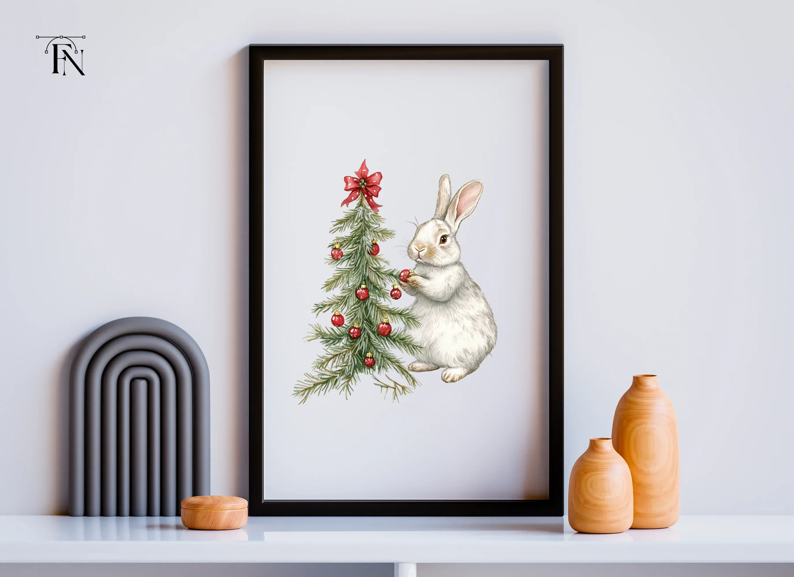 Cute Bunny Decorating Christmas Tree Clipart Bundle - Image 6