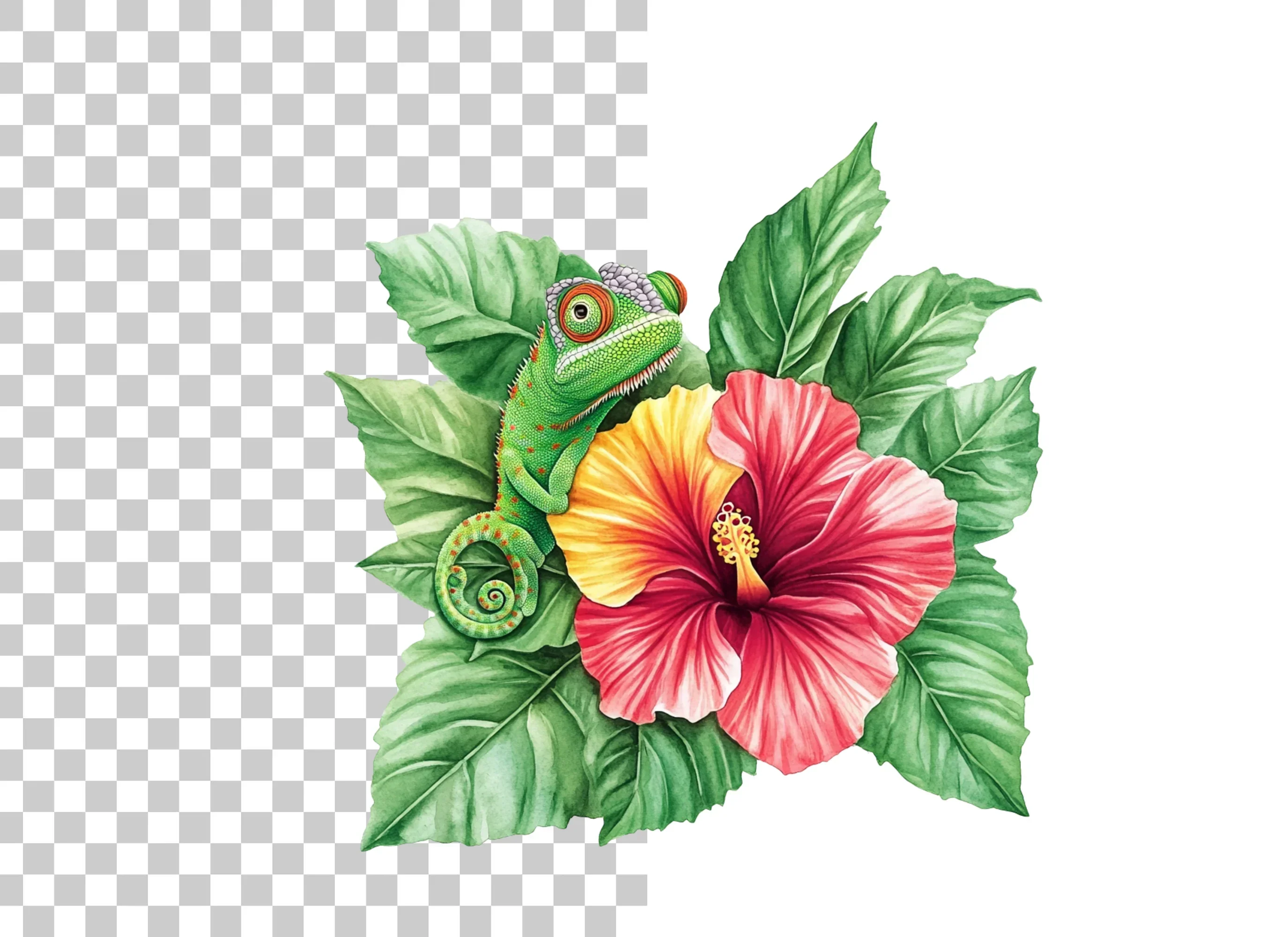 Cute Chameleon on Hibiscus Clipart Bundle - Image 2