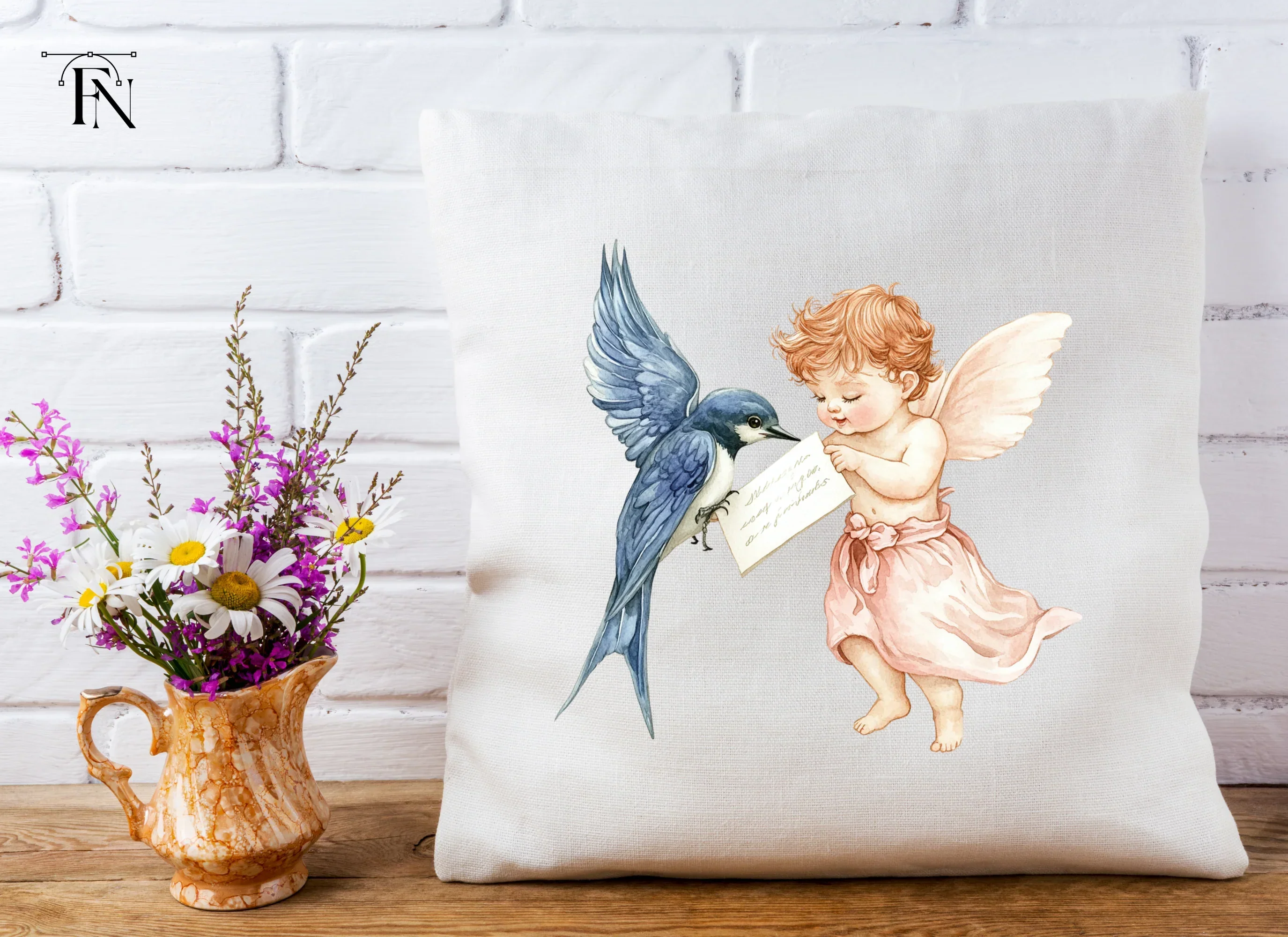 Cute Cherubs with Birds and Scrolls Clipart Bundle - Image 5