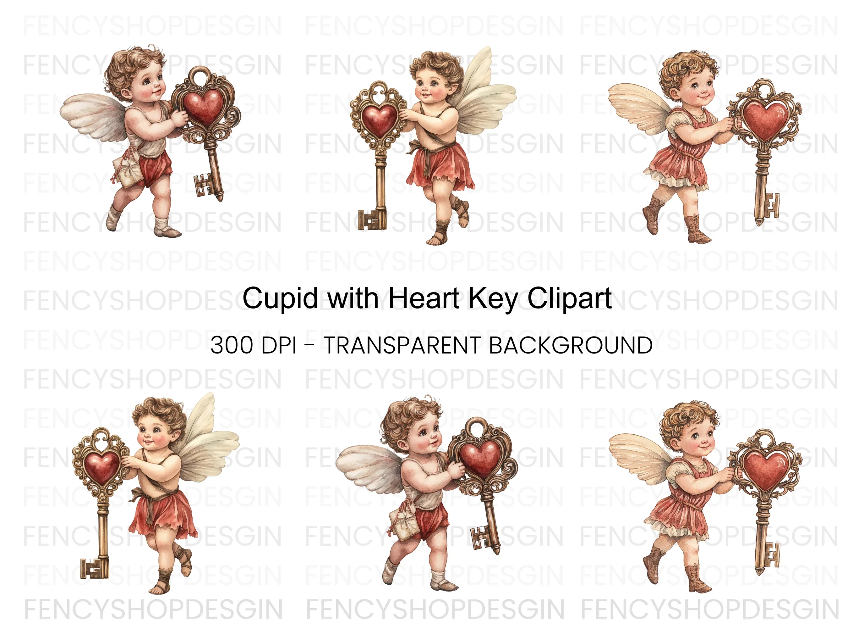 Cute Cherubs with Heart Keys Clipart Bundle