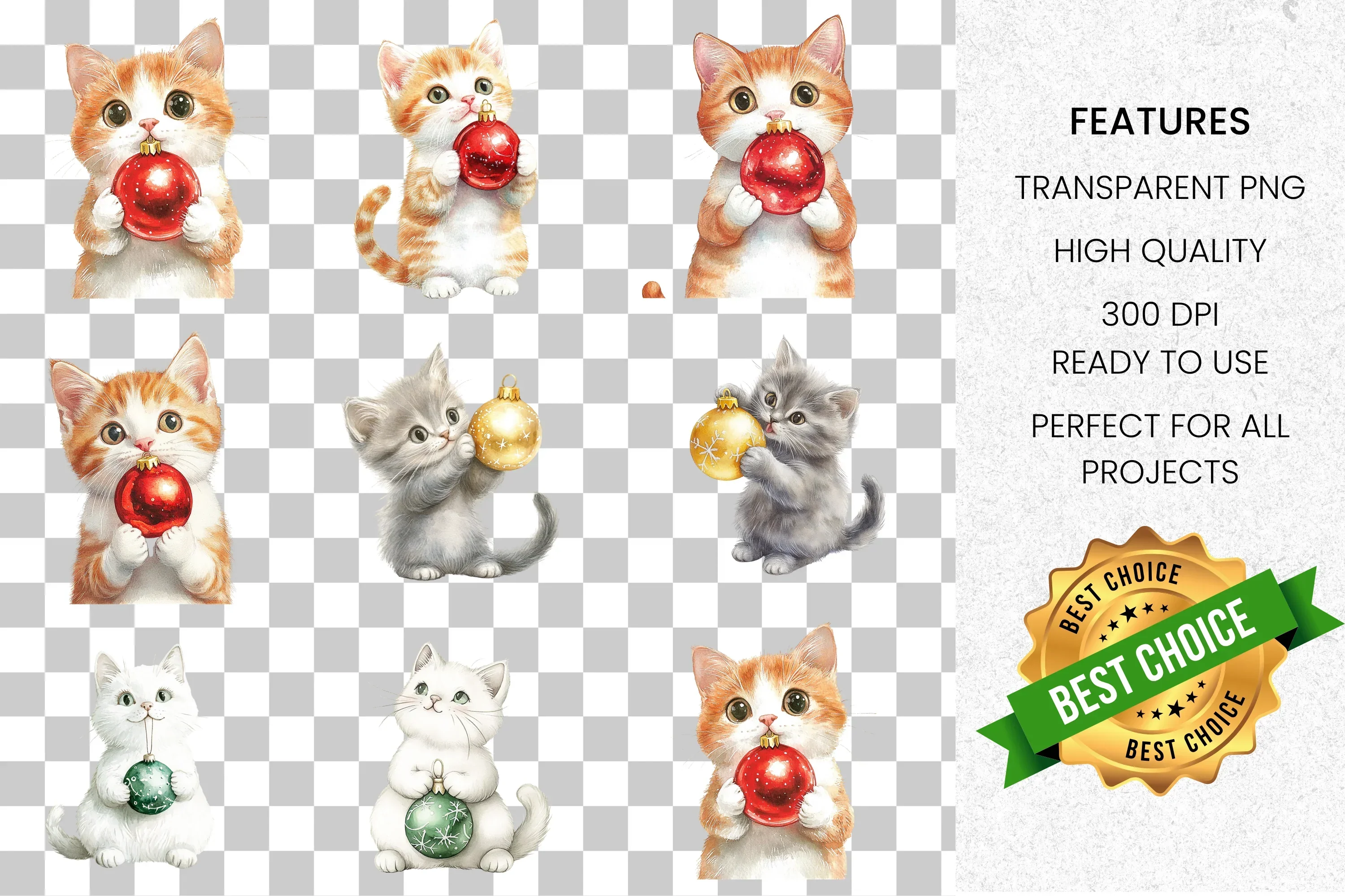 Cute Christmas Kittens with Baubles Clipart Bundle - Image 2