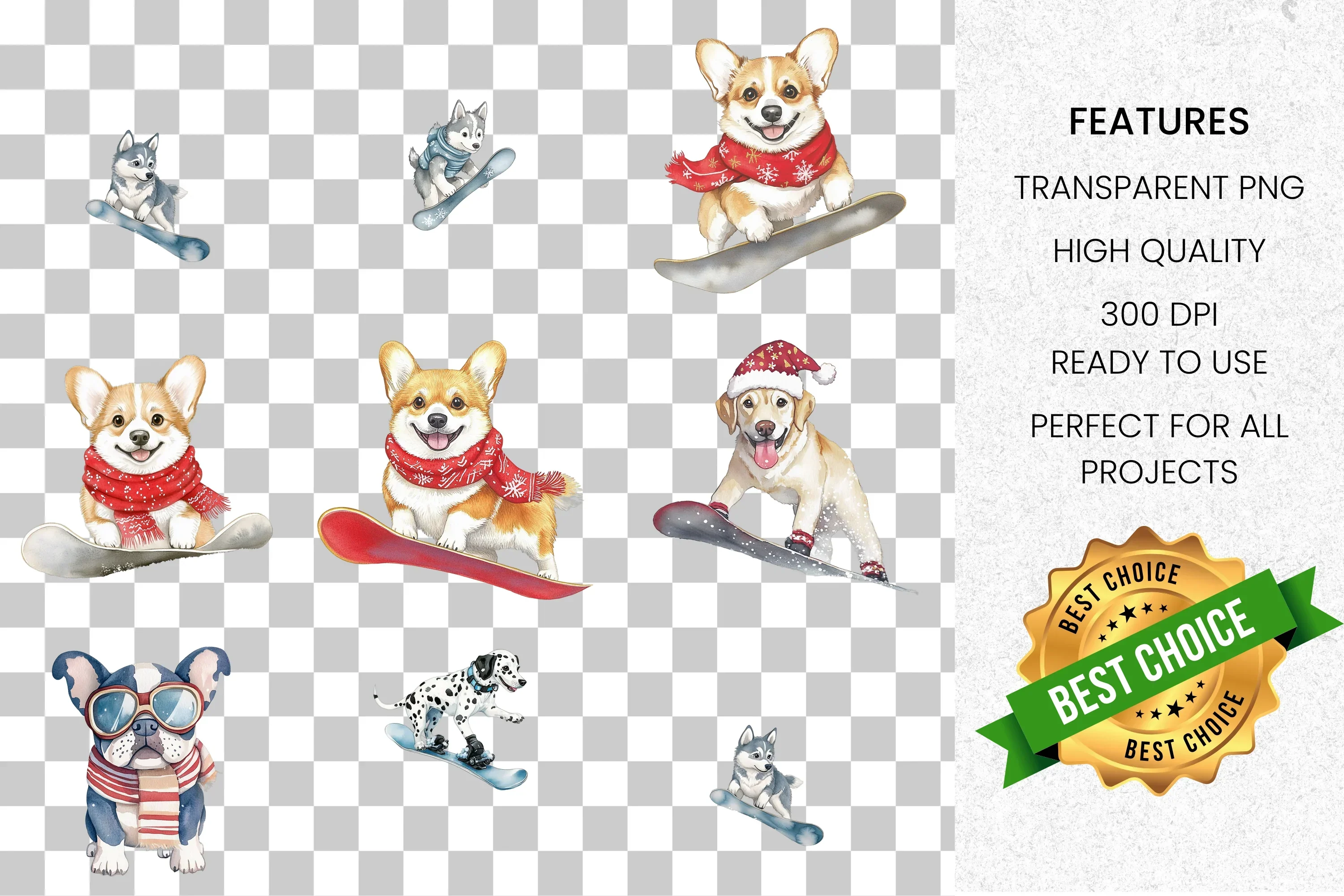 Cute Corgi Dogs Snowboarding Clipart Bundle - Image 2