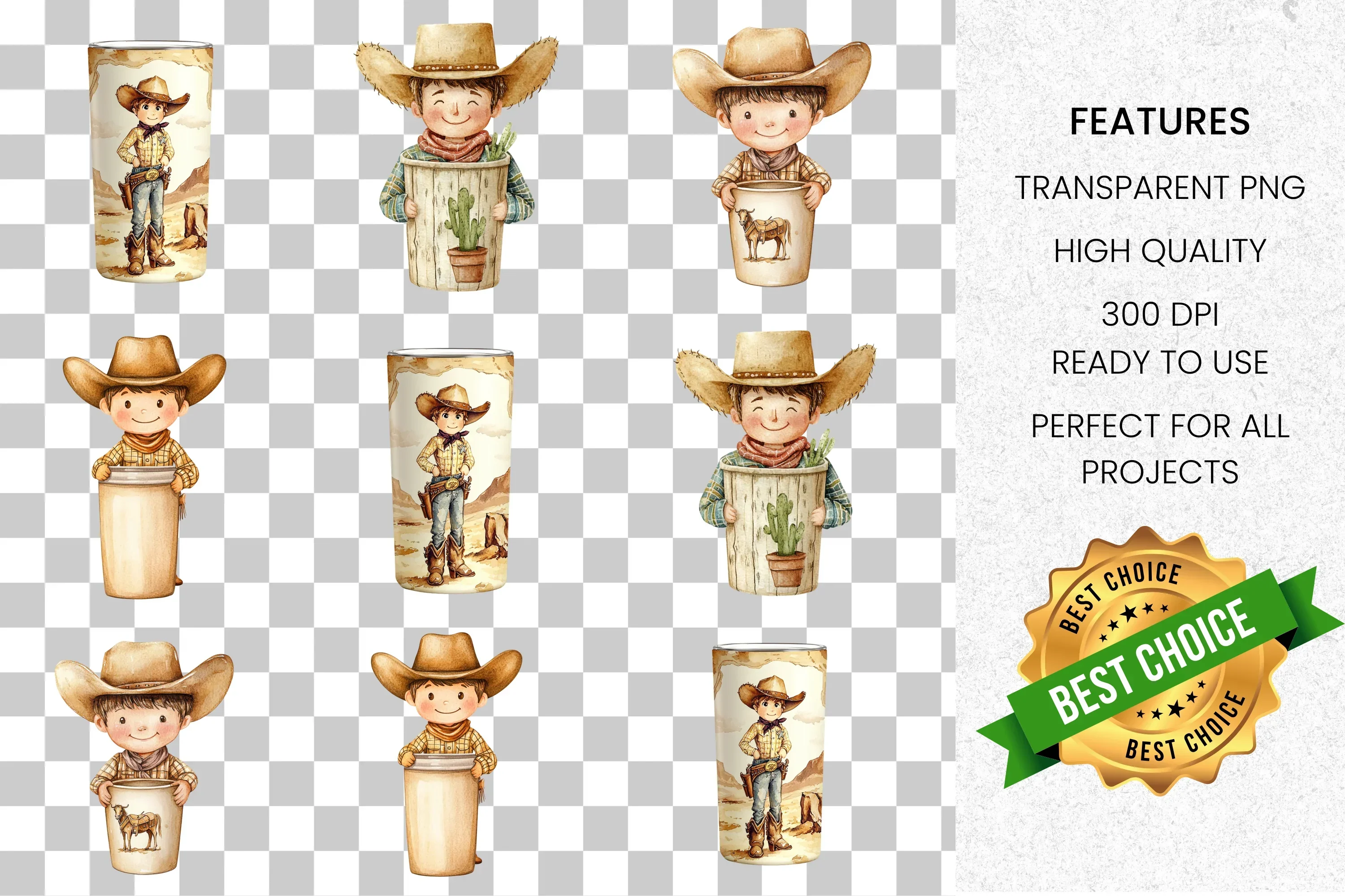 Cute Cowboy Tumbler Clipart Bundle - Image 2