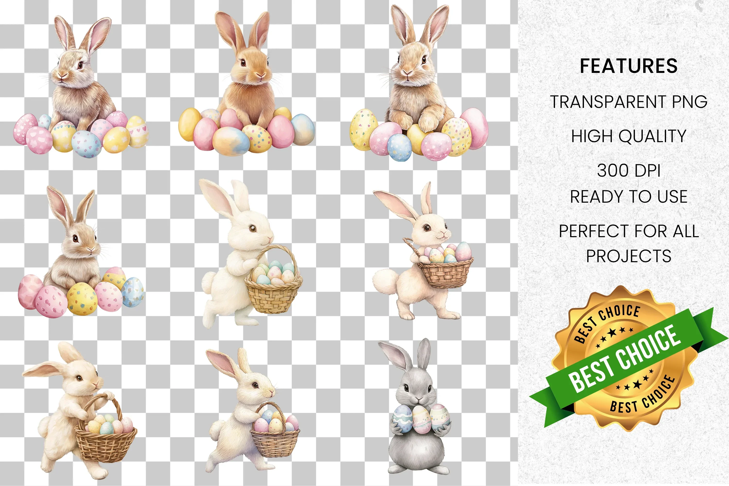 Cute Easter Bunnies with Colorful Eggs Clipart Bundle - Image 2