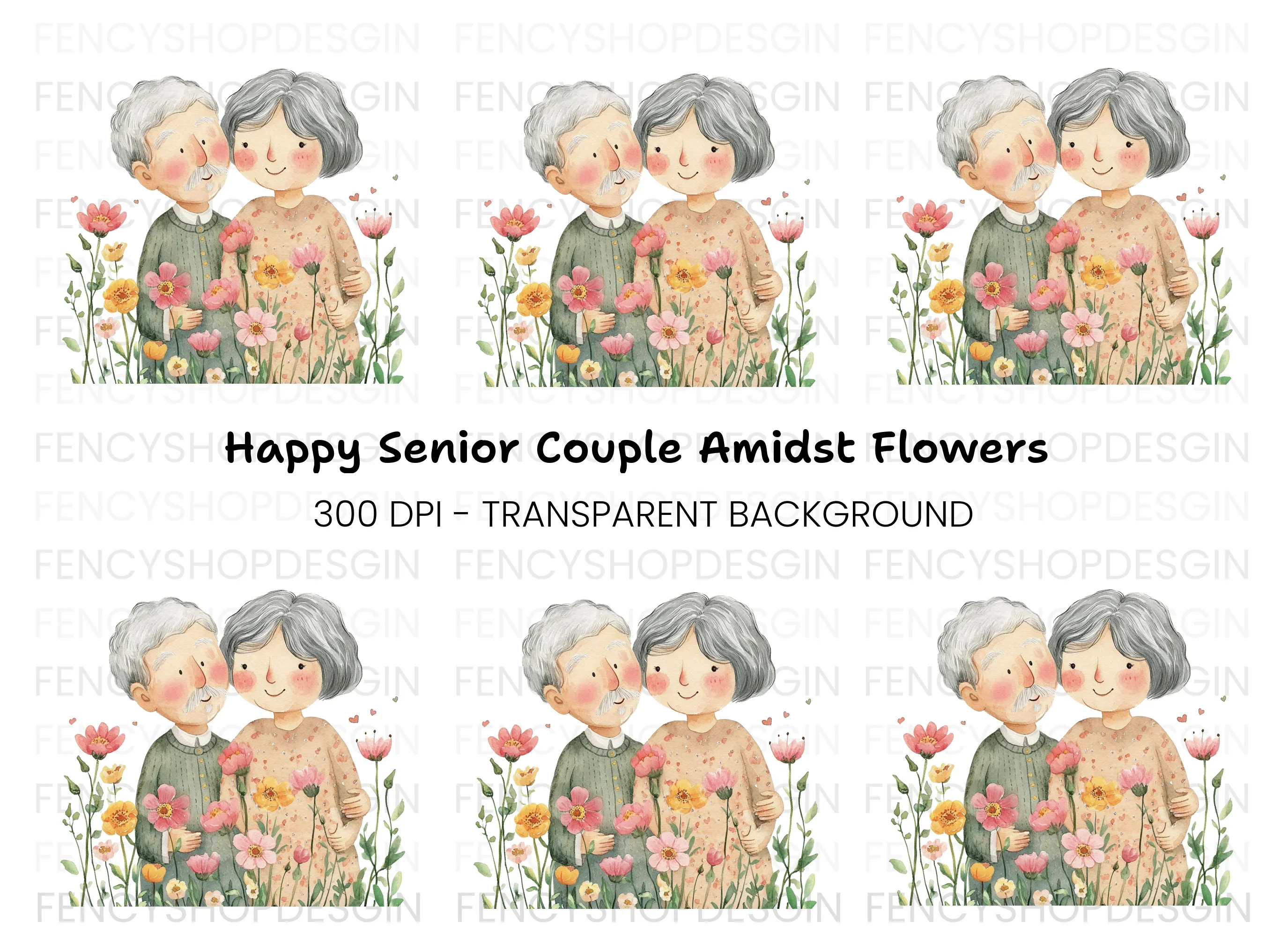 Cute Elderly Couple in Flower Garden Clipart Bundle