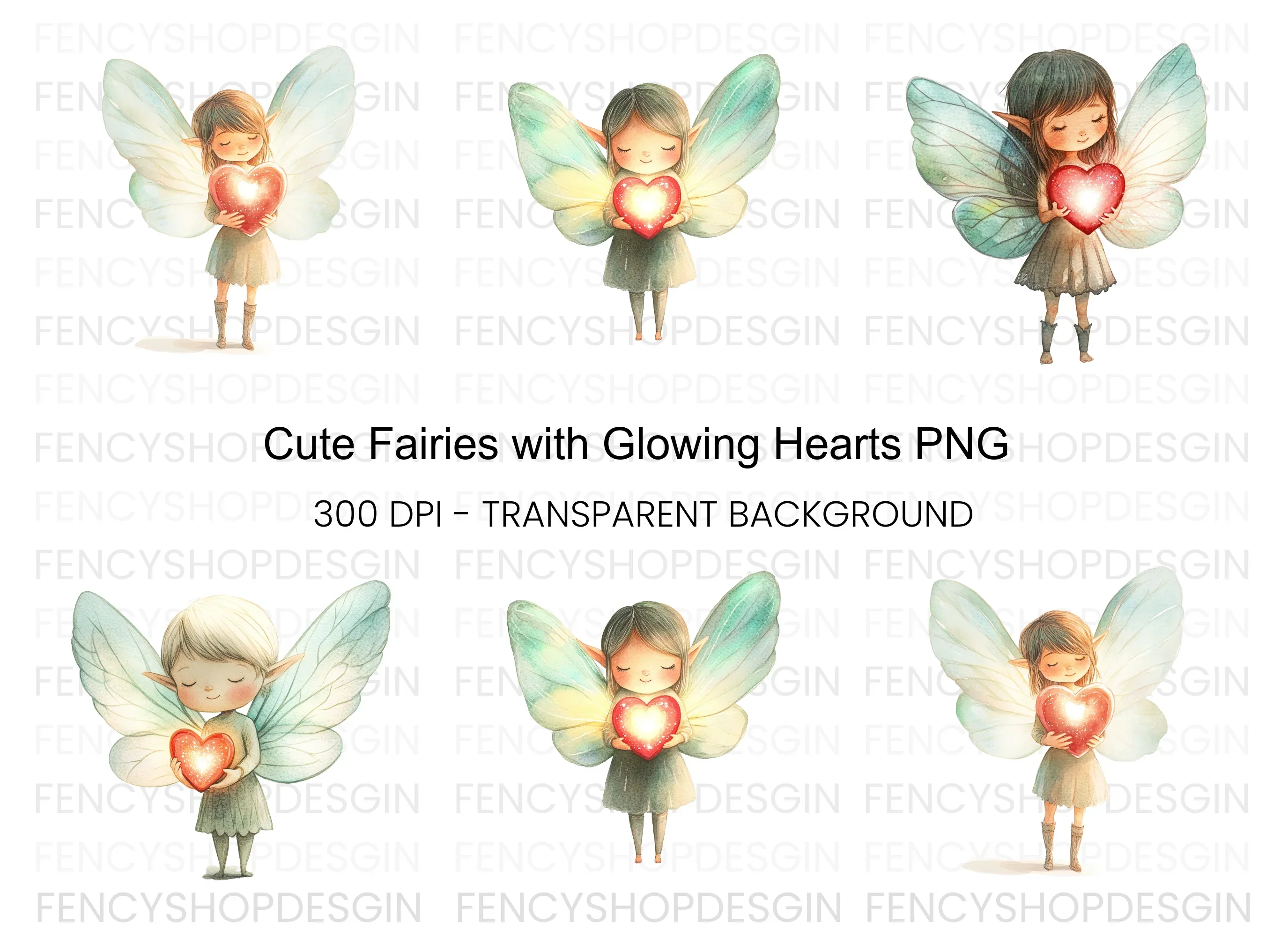 Cute Fairies with Glowing Hearts Clipart Bundle