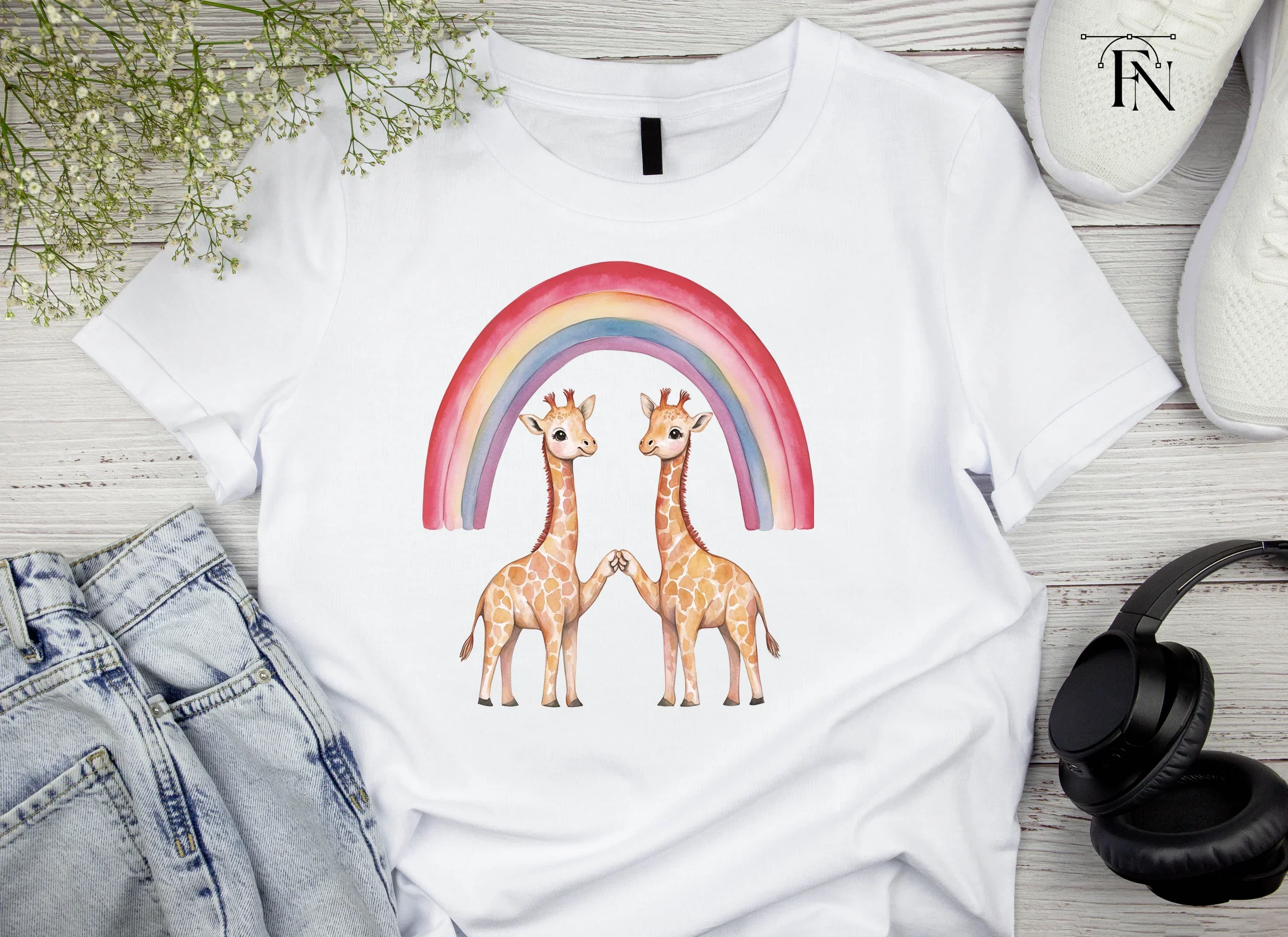 Cute Giraffes Under Rainbow Clipart Bundle - Image 4