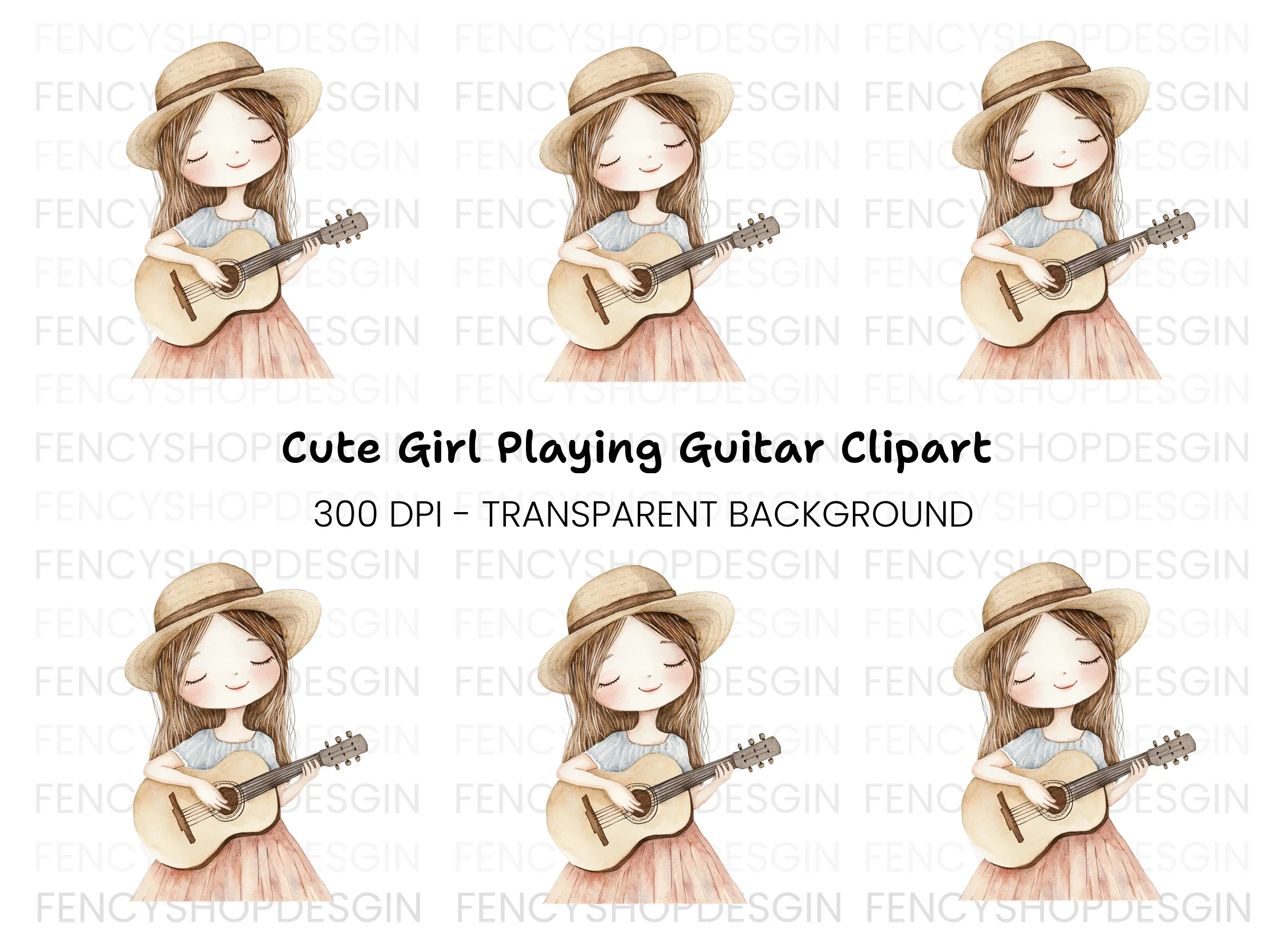 Cute Girl Playing Guitar Clipart Bundle