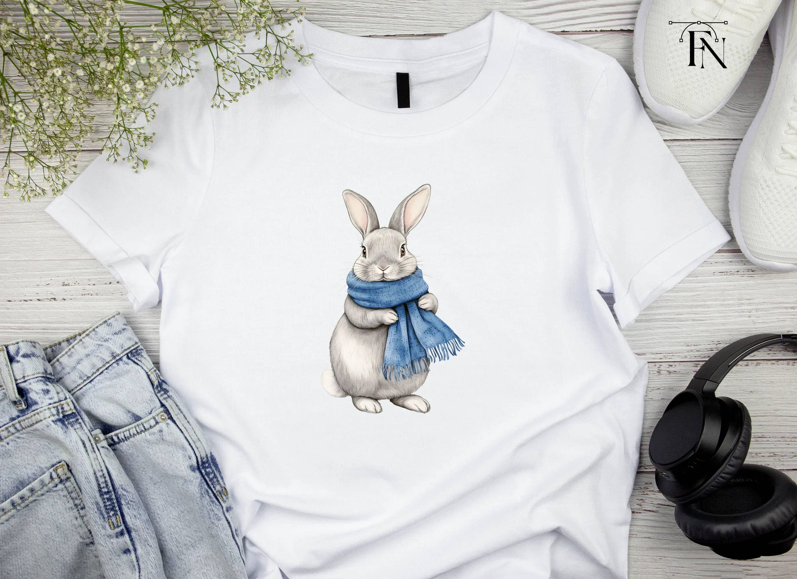 Cute Grey Bunnies with Blue Scarves Clipart Bundle - Image 4