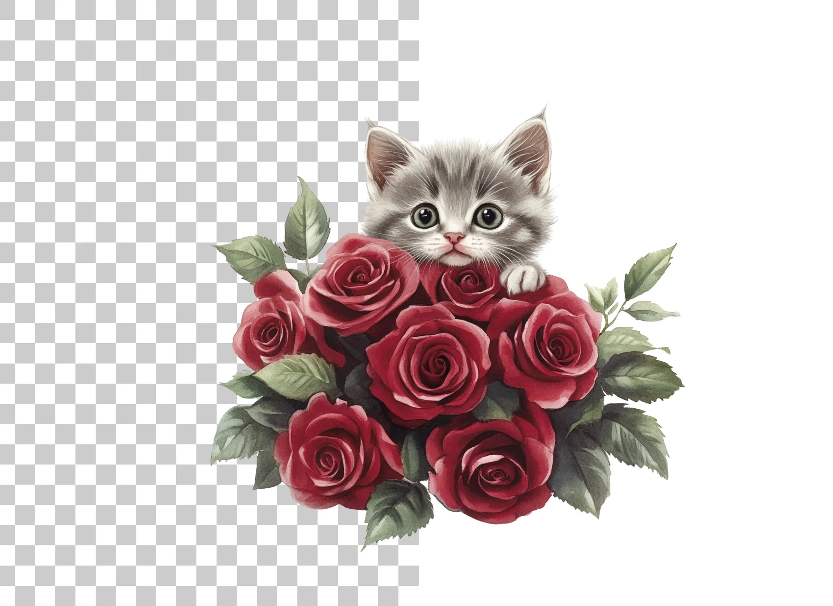 Cute Kitten and Red Roses Clipart Bundle - Image 2