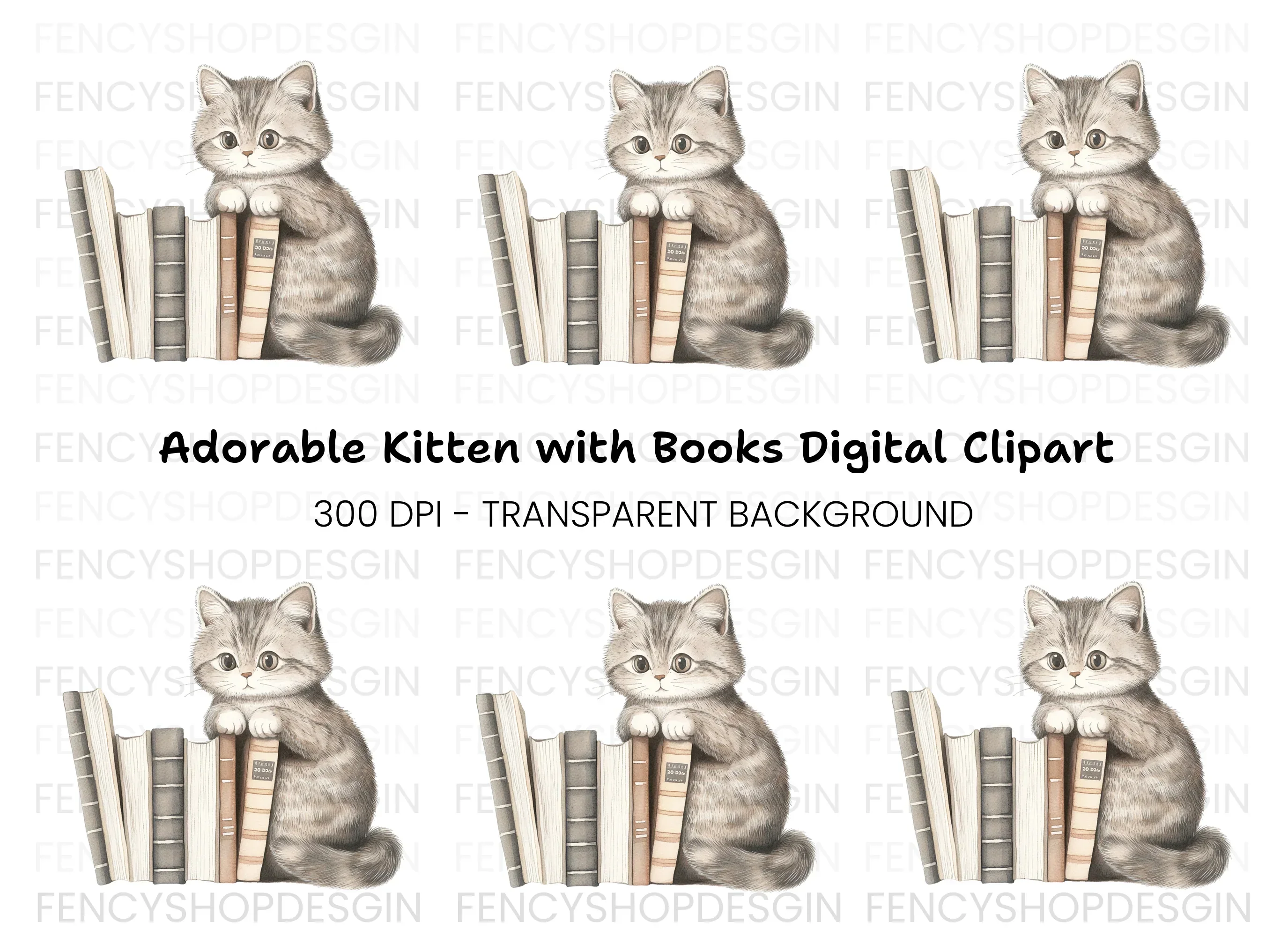 Cute Kitten with Books Clipart Bundle