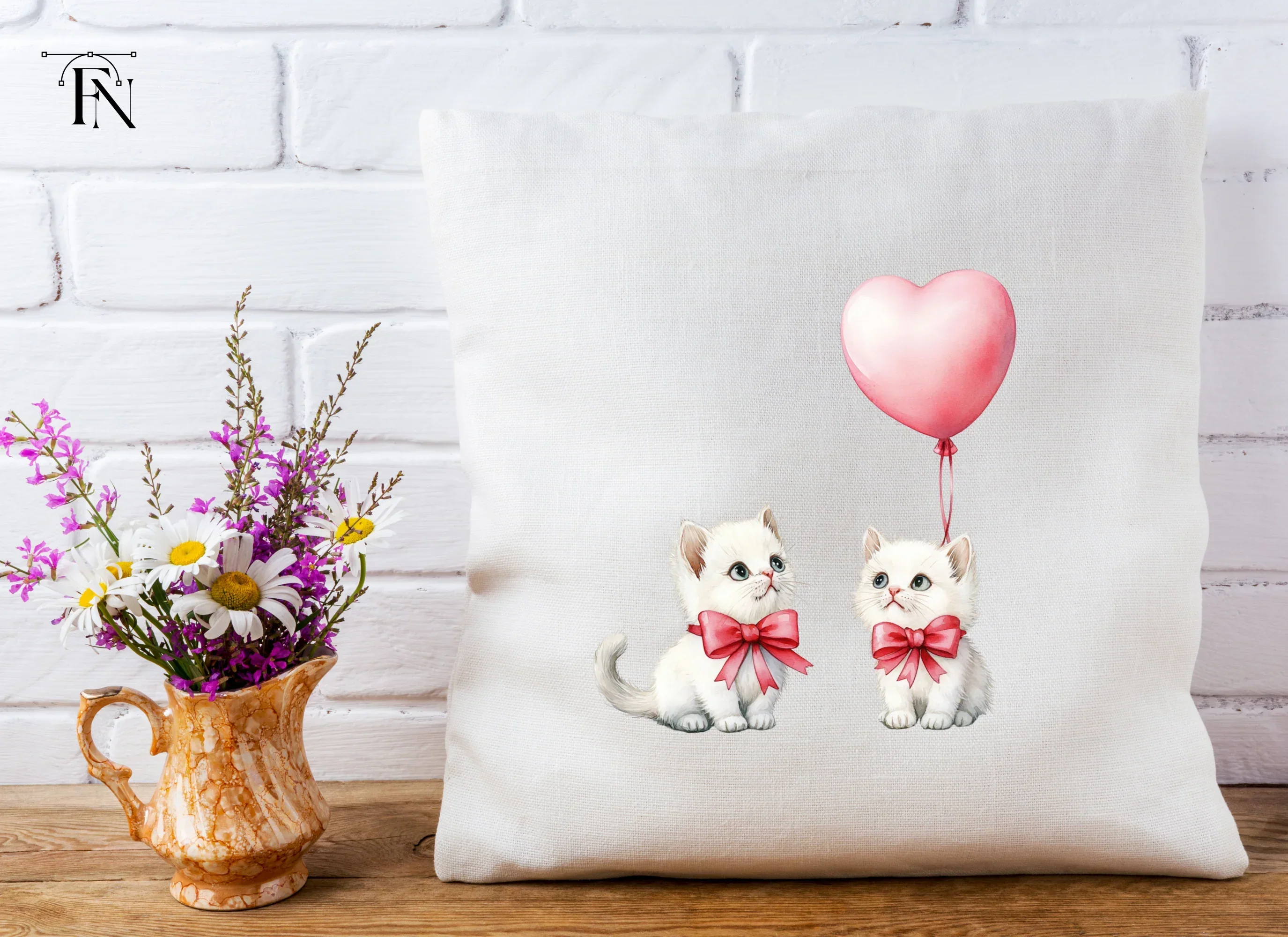 Cute Kittens with Pink Heart Balloons Clipart Bundle - Image 3