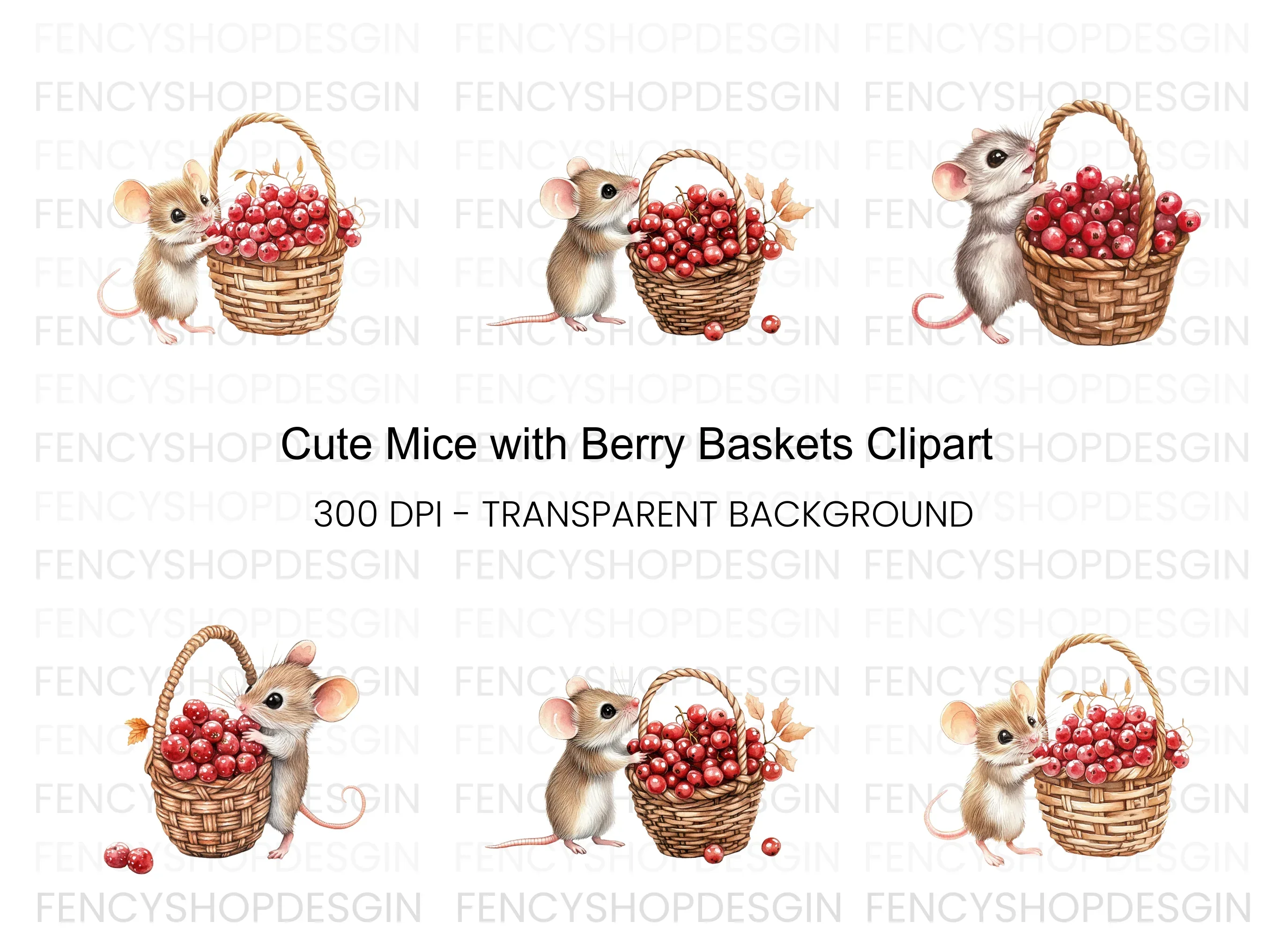 Cute Mice with Berry Baskets Clipart Bundle