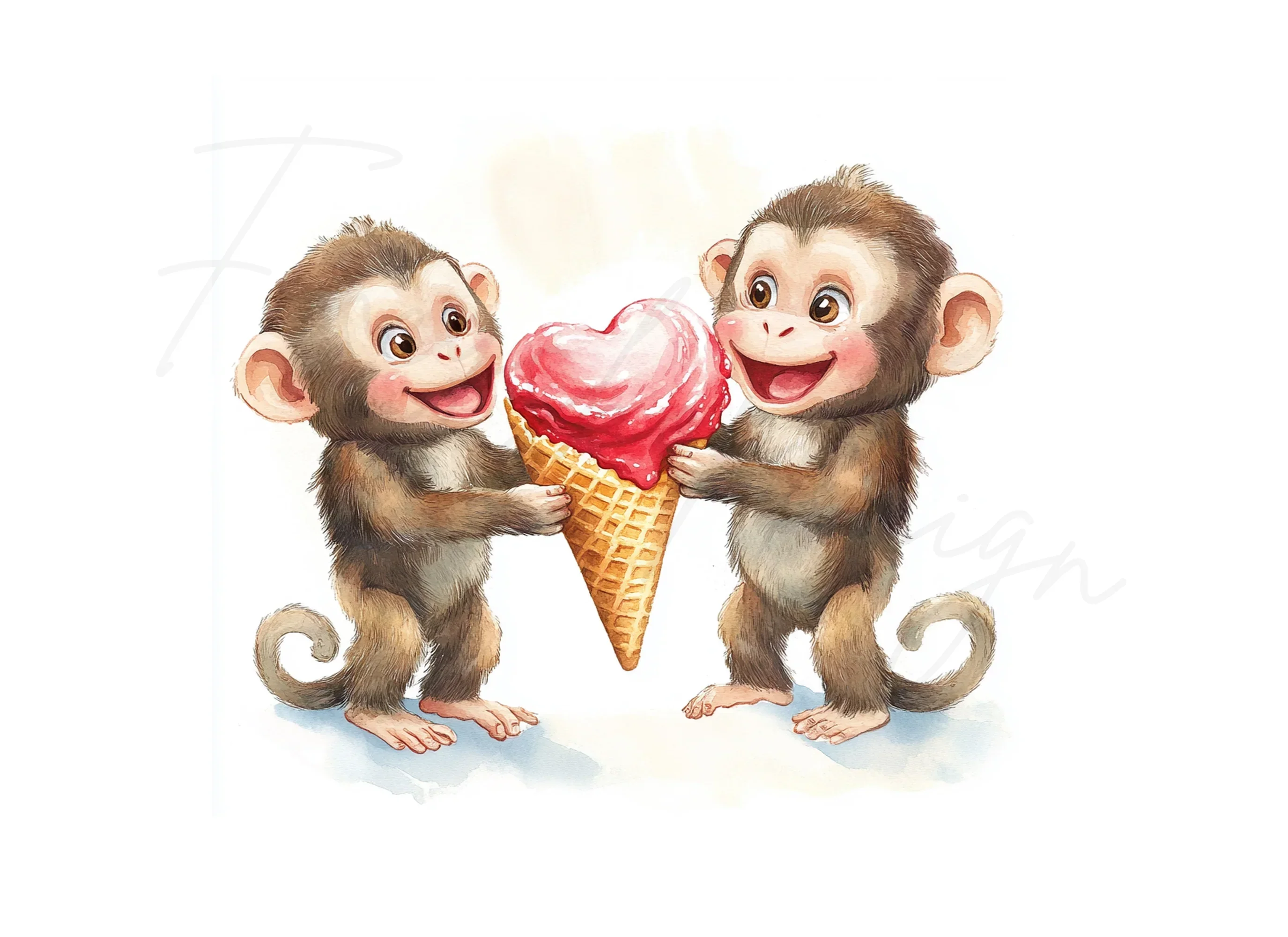 Cute Monkeys Sharing Heart Ice Cream Clipart Bundle - Image 2