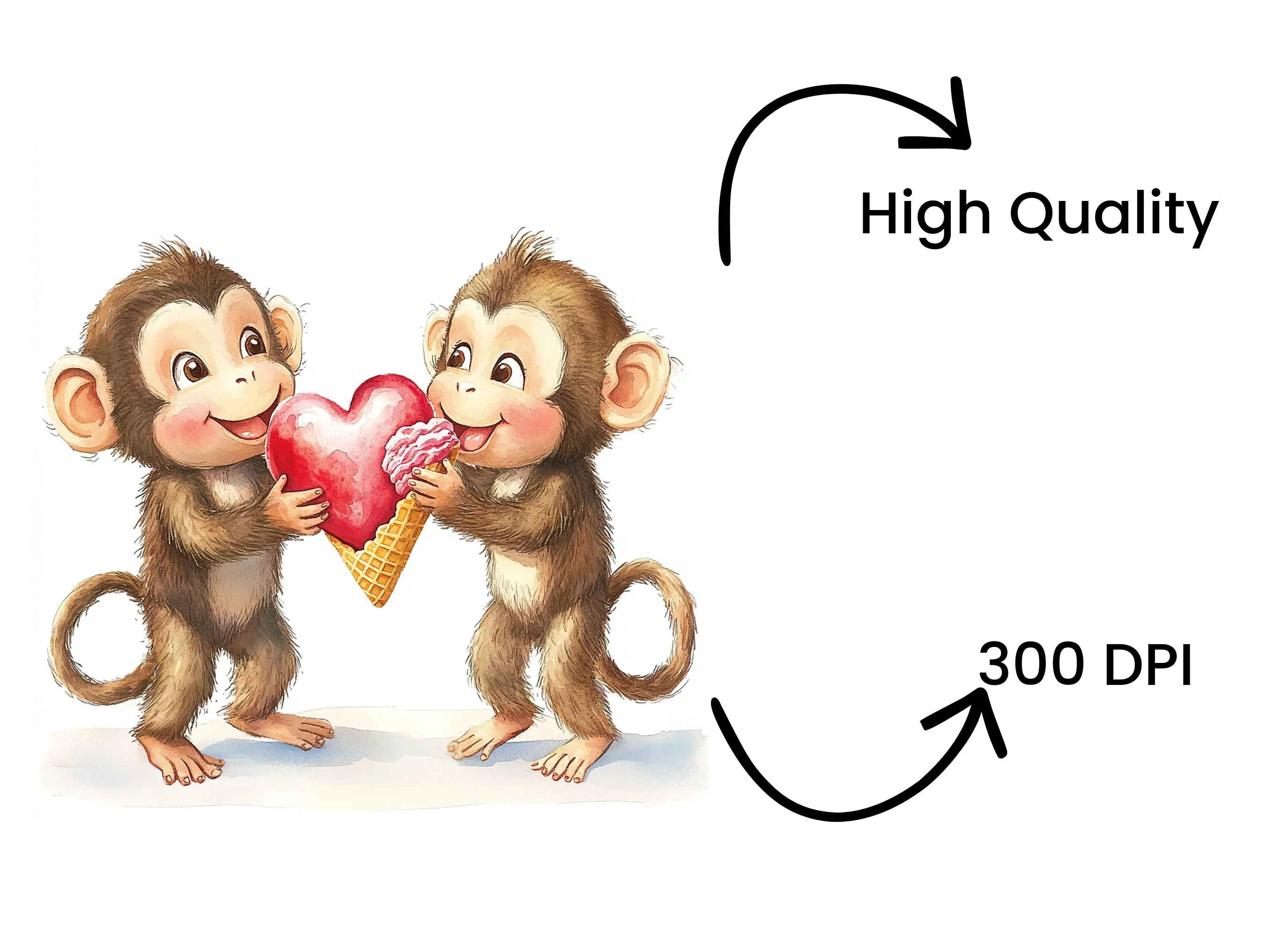 Cute Monkeys Sharing Heart Ice Cream Clipart Bundle - Image 4