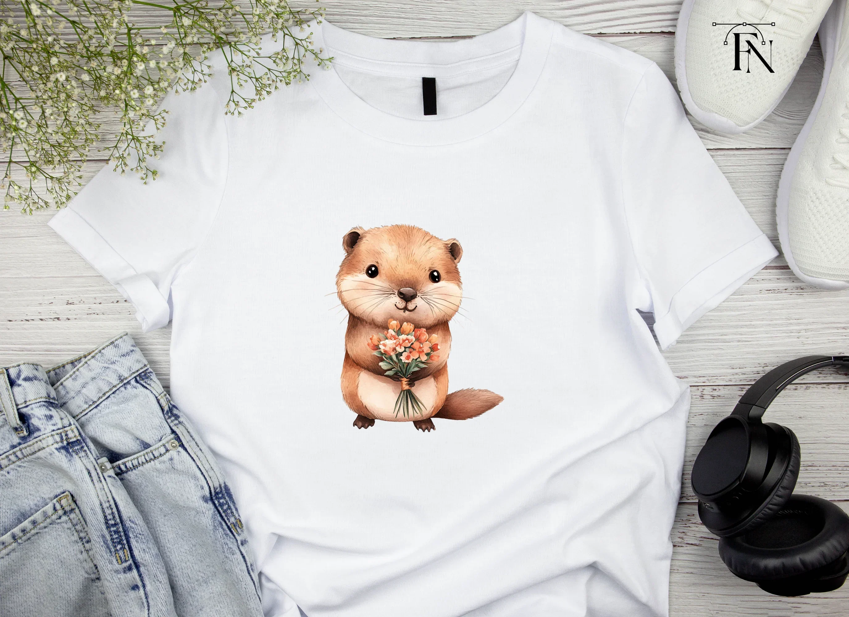 Cute Otters with Flower Bouquets Clipart Bundle - Image 4
