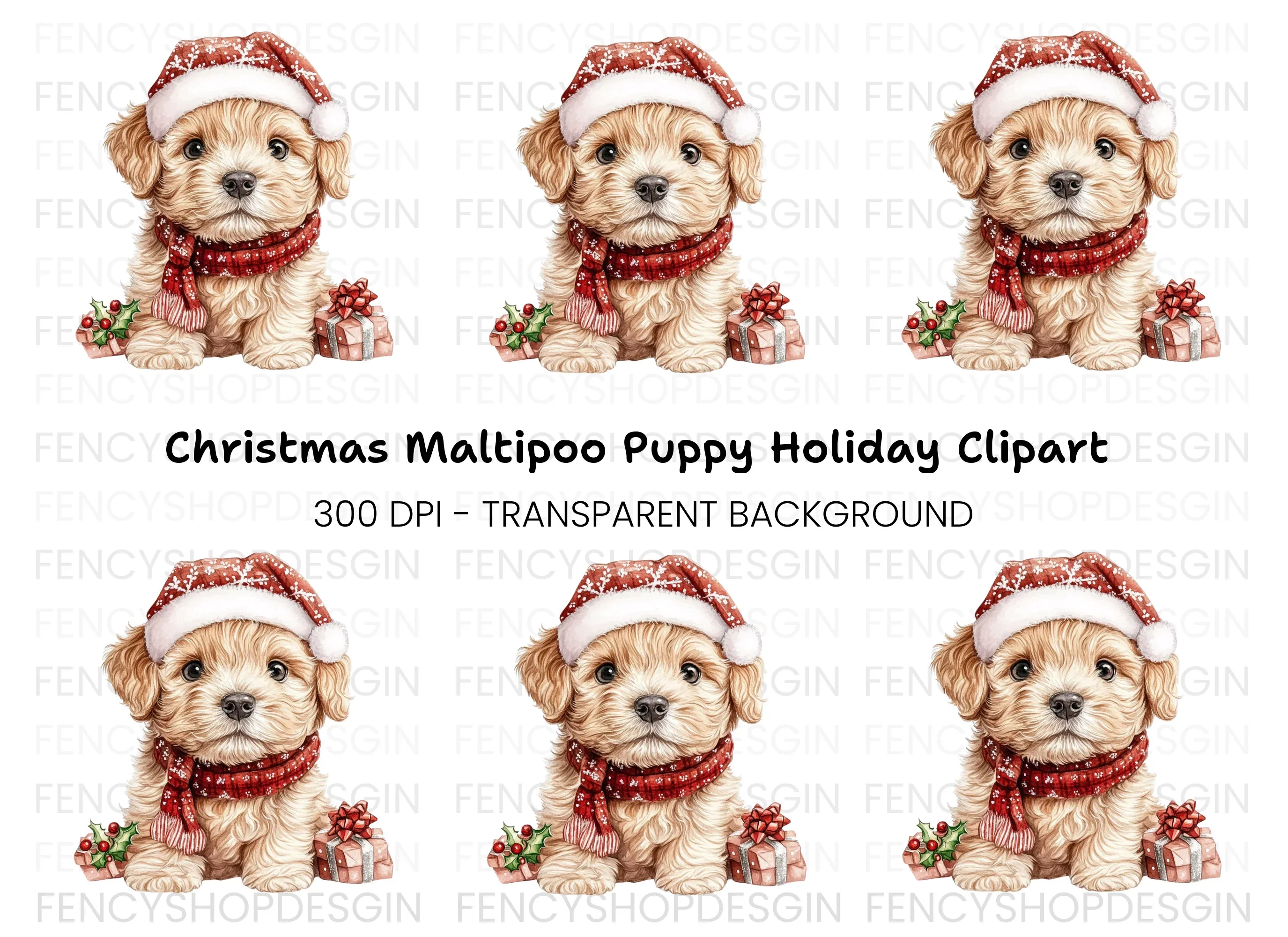 Cute Puppy in Santa Hat Clipart Bundle