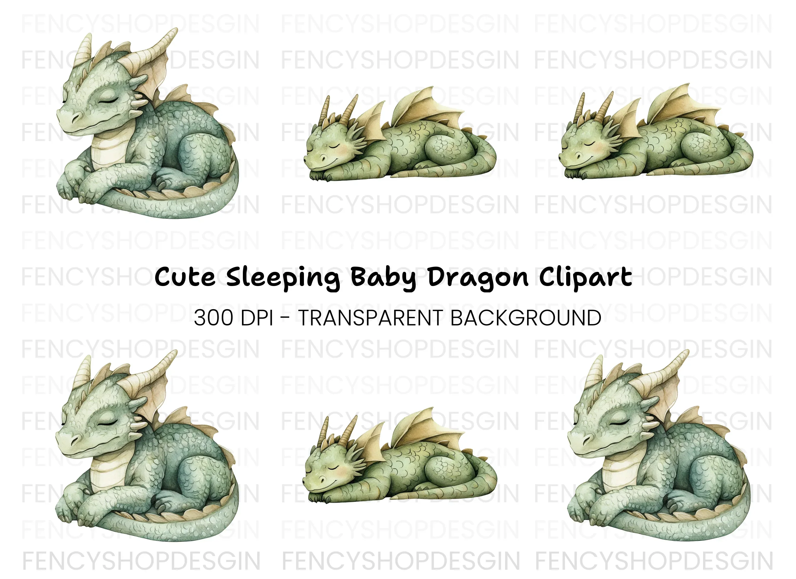Cute Sleeping Baby Dragon Clipart Bundle