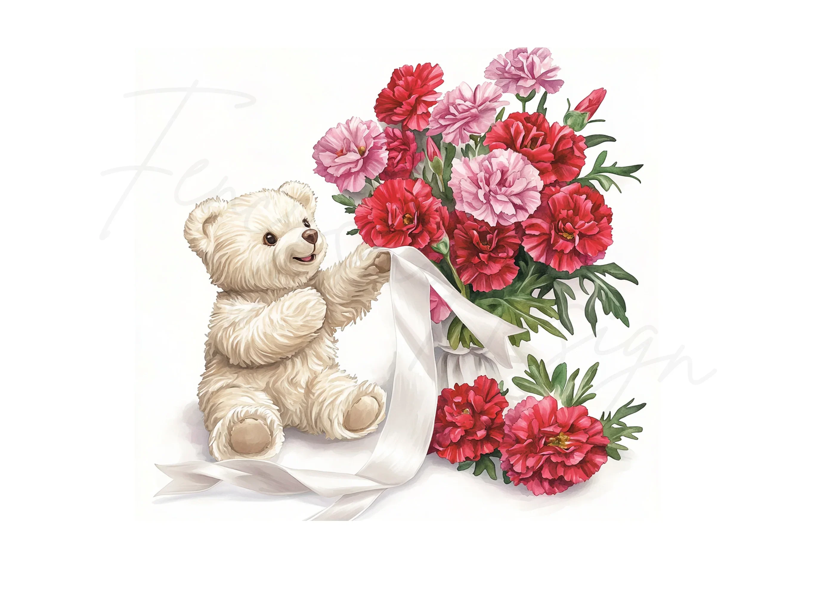 Cute Teddy Bears with Carnation Bouquets Clipart Bundle - Image 3