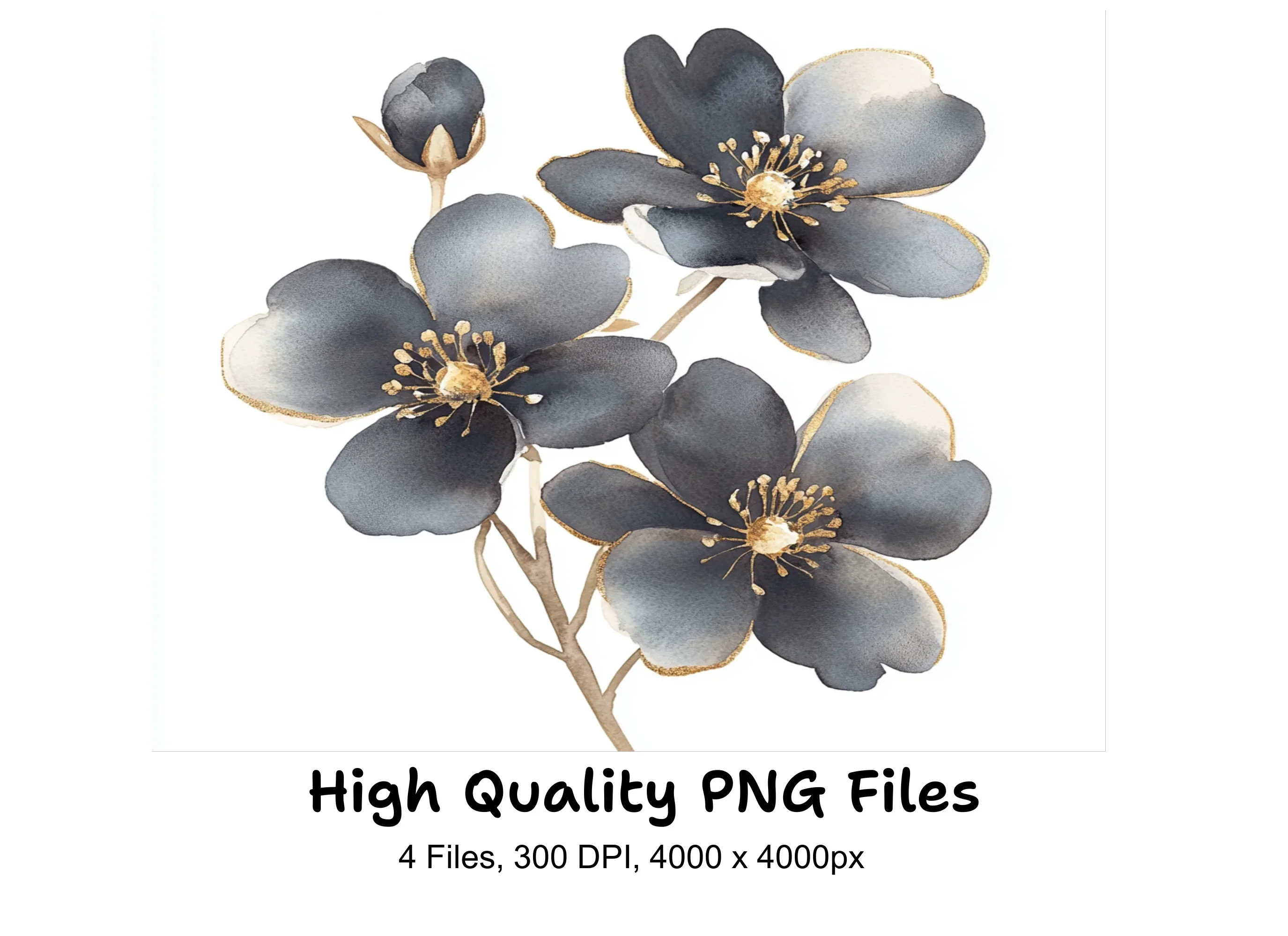 Dark Floral Gold Accents Clipart Bundle
