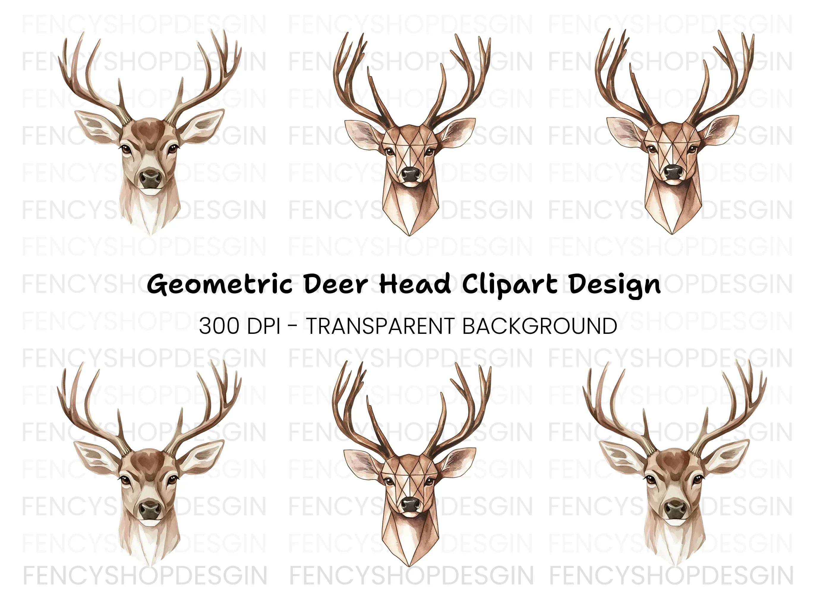 Deer Head Geometric Realistic Clipart Bundle