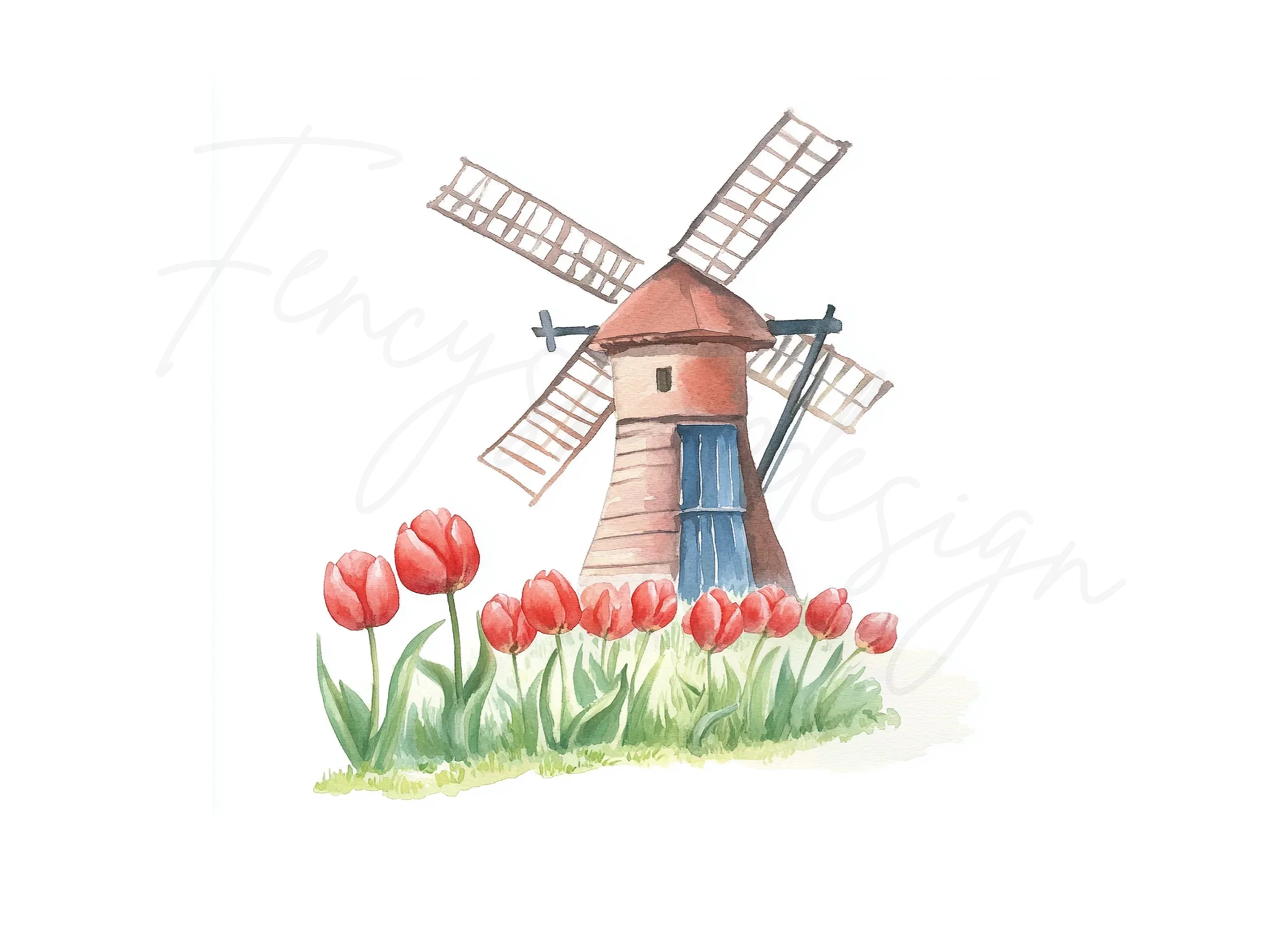Dutch Windmills and Red Tulips Clipart Bundle - Image 3