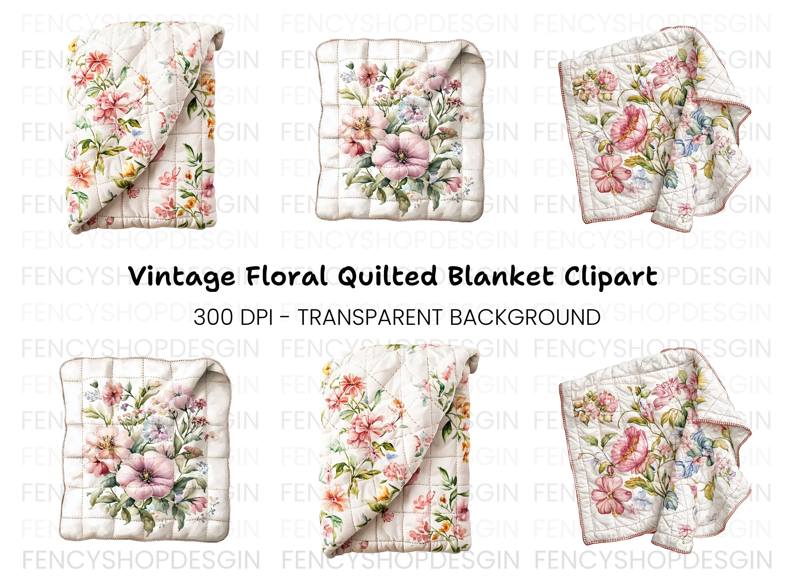 Elegant Floral Quilted Blanket Clipart Bundle